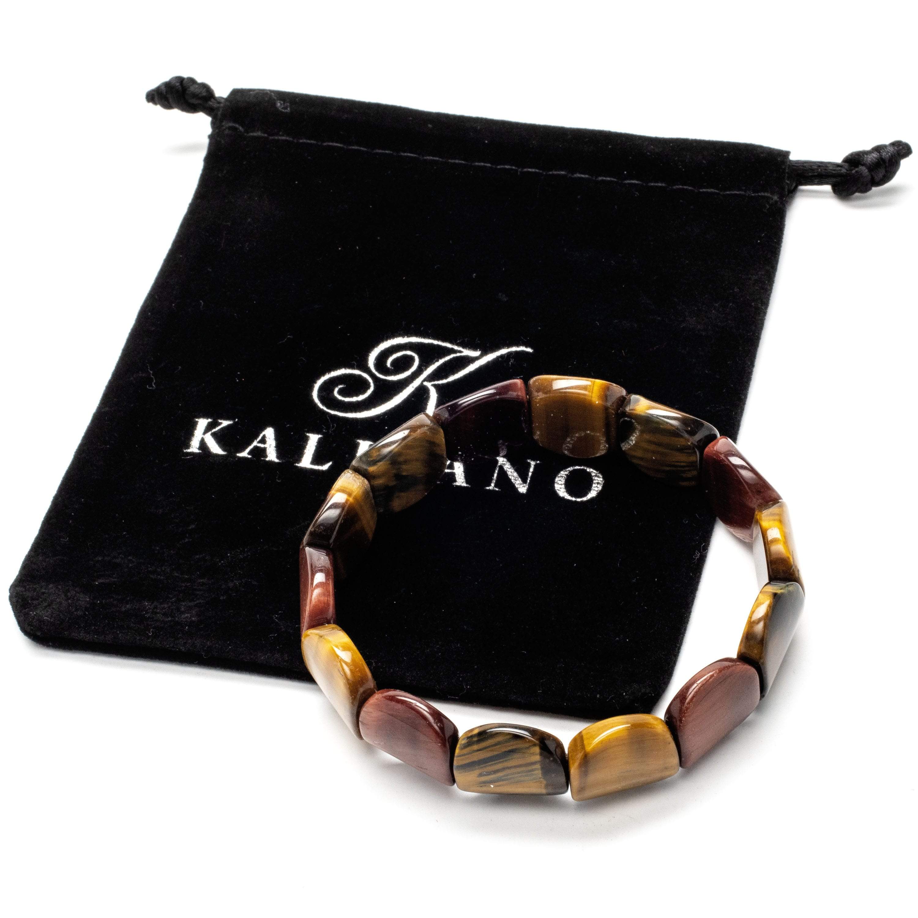 Kalifano Gemstone Bracelets Flat and Round Tiger Eye Gemstone Elastic Bracelet WHITE-BGP-043