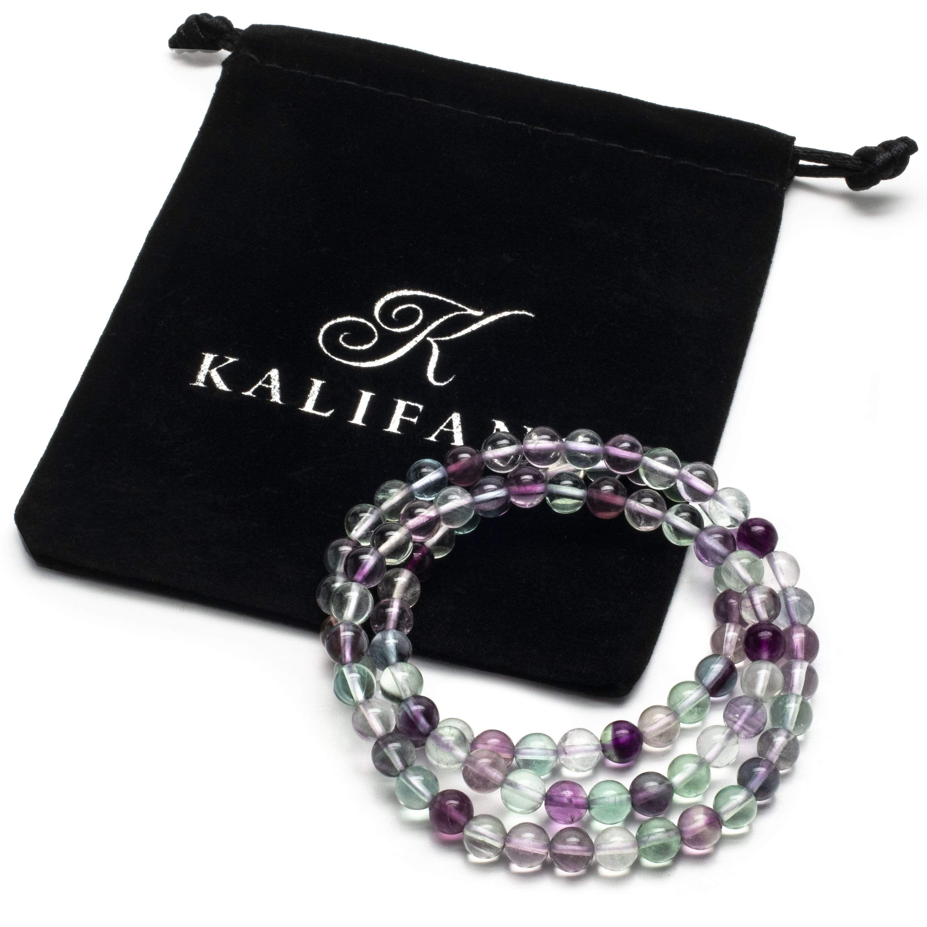 Kalifano Gemstone Bracelets Flourite 6mm Gemstone Bead Triple Wrap Elastic Bracelet WHITE-BGI3-004