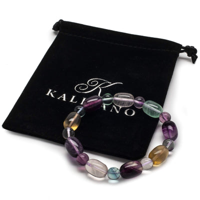 Kalifano Gemstone Bracelets Fluorite Oval and 8mm Natural Gemstone Bead Elastic Bracelet GOLD-BGP-030