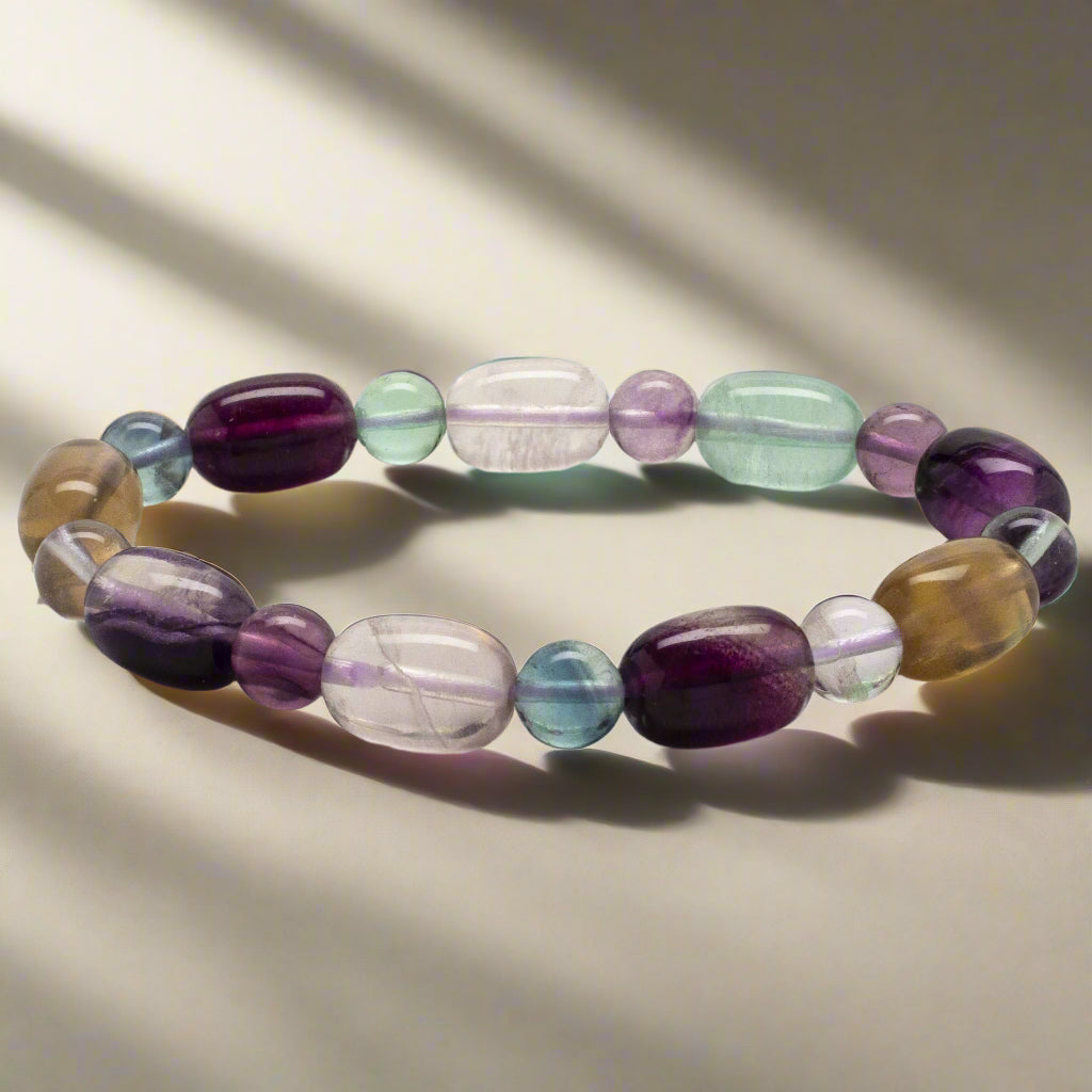 Kalifano Gemstone Bracelets Fluorite Oval and 8mm Natural Gemstone Bead Elastic Bracelet GOLD-BGP-030