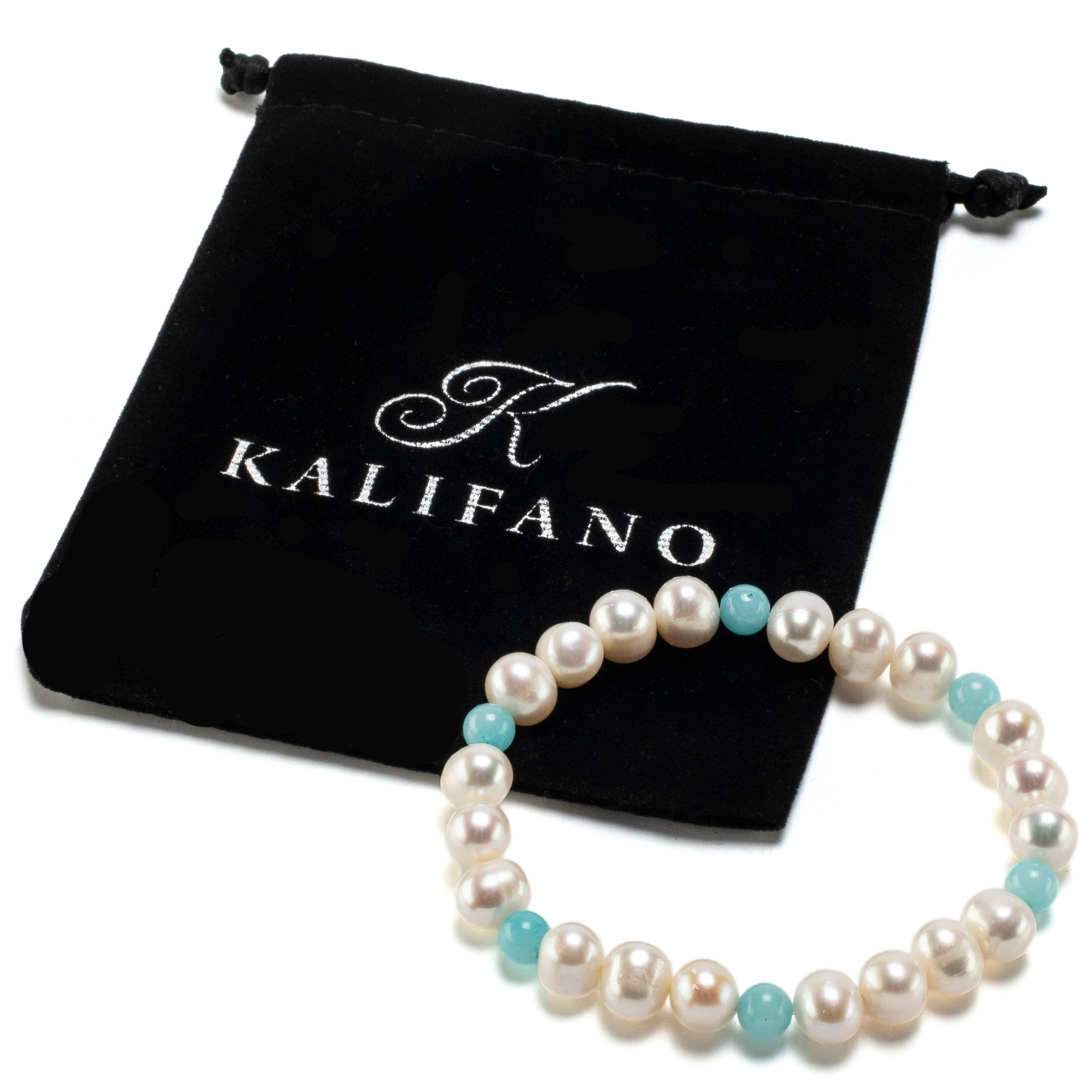 Kalifano Gemstone Bracelets Freshwater Pearl Gemstone Bead Elastic Bracelet BLUE-BGP-042