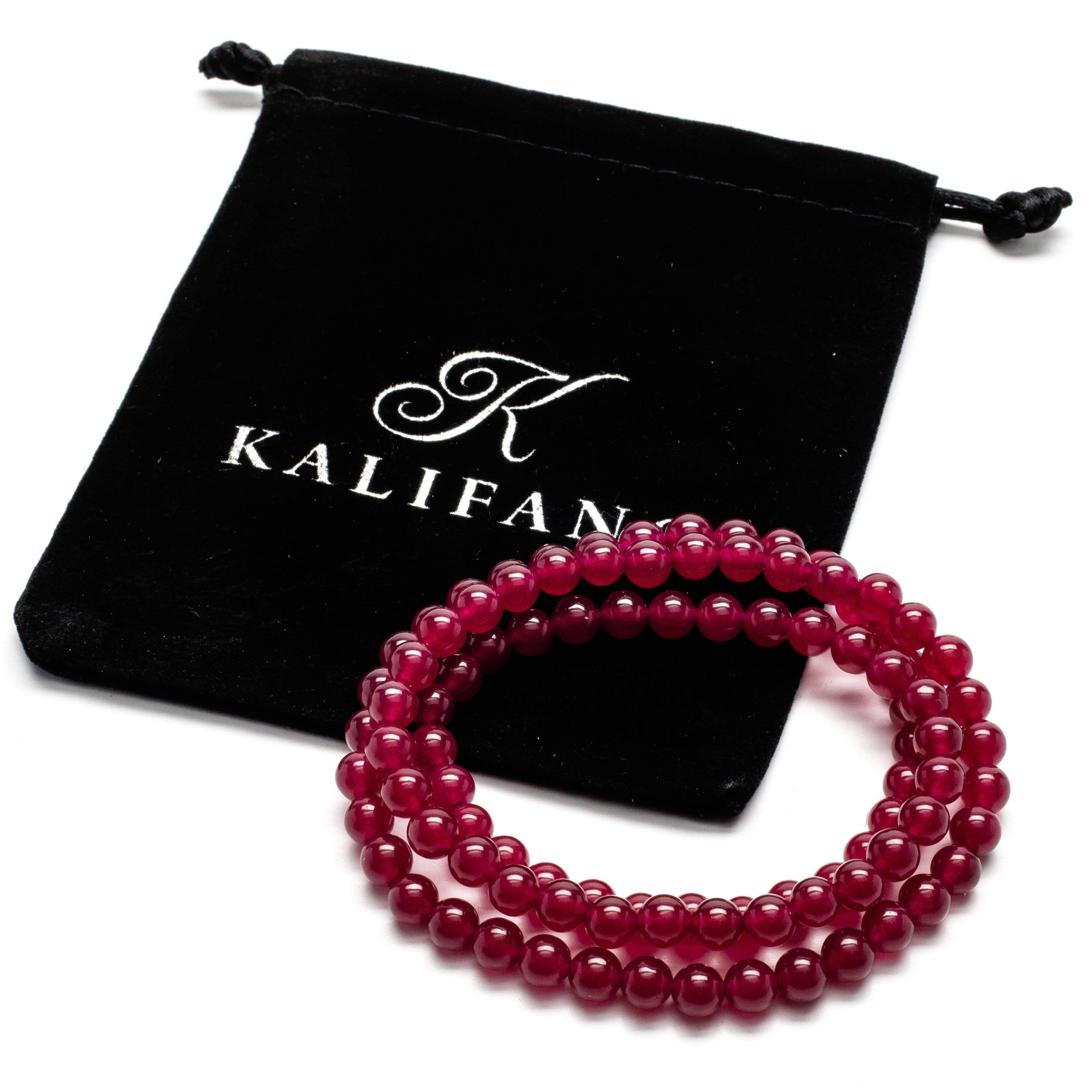 Kalifano Gemstone Bracelets Fuchsia Agate 6mm Bead Triple Wrap Elastic Gemstone Bracelet WHITE-BGI3-025