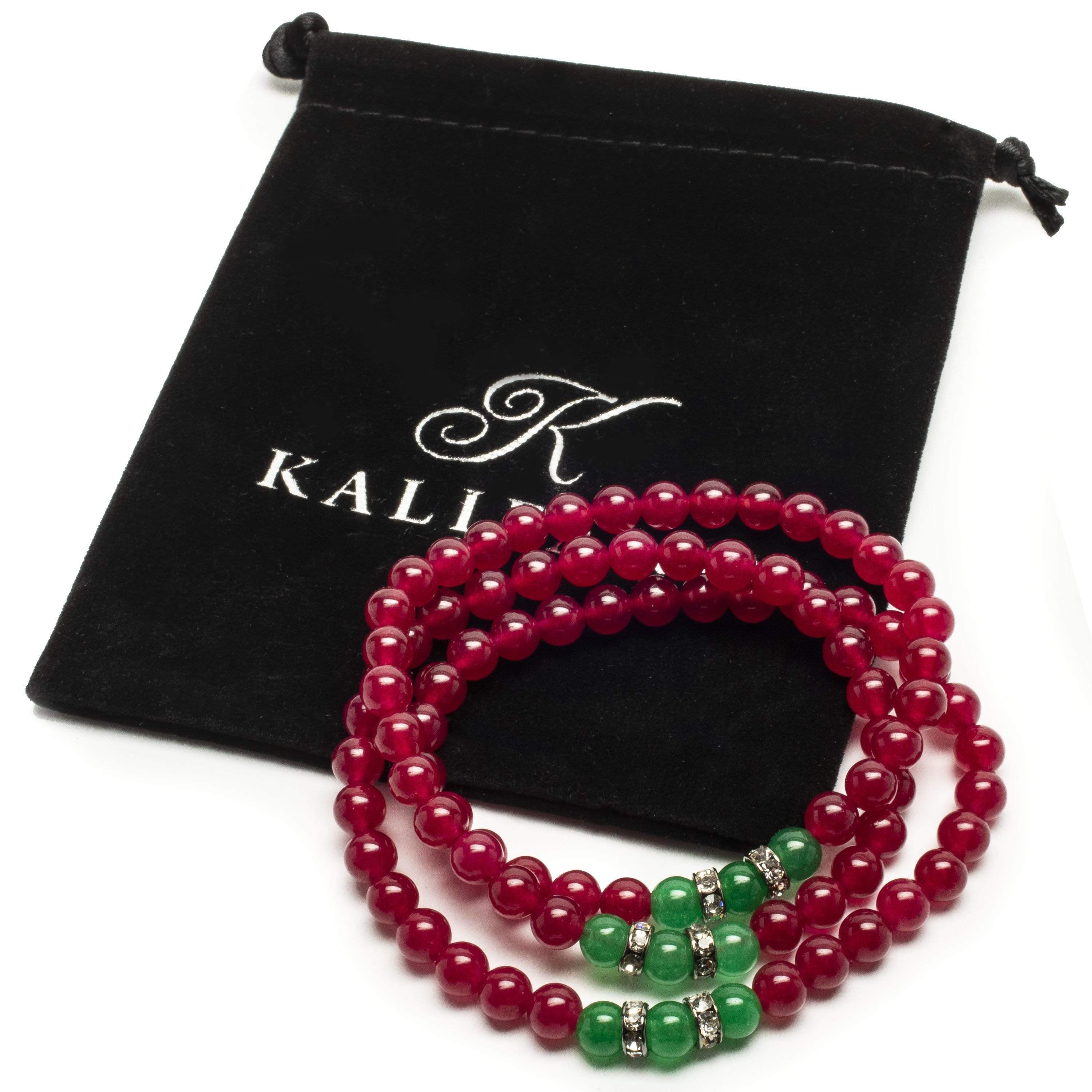 Kalifano Gemstone Bracelets Fuchsia Agate 6mm Beads with Aventurine and Crystal Accent Beads Triple Wrap Elastic Gemstone Bracelet WHITE-BGI3-033