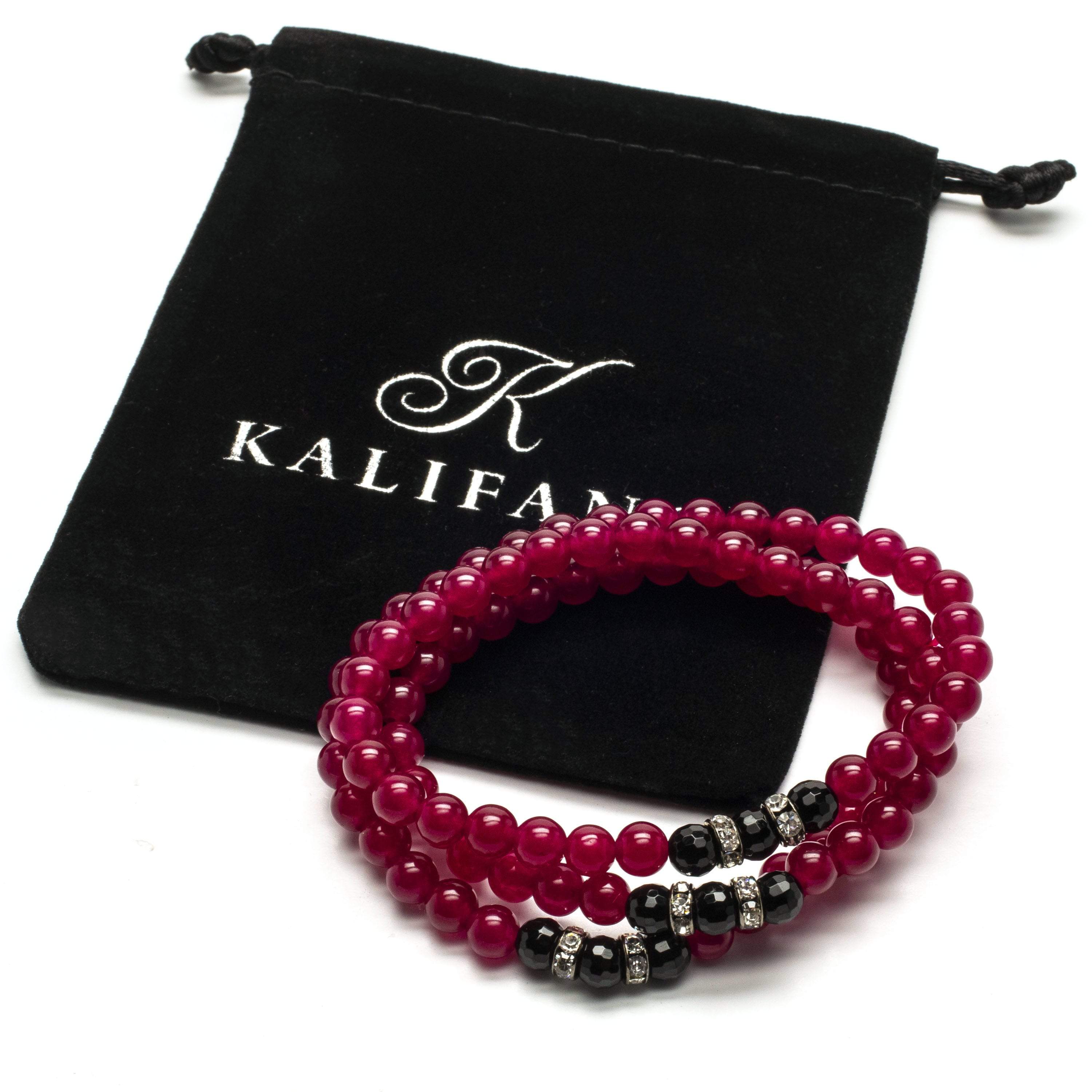 Kalifano Gemstone Bracelets Fuchsia Agate 6mm Beads with Black Agate and Crystal Accent Beads Triple Wrap Elastic Gemstone Bracelet WHITE-BGI3-023