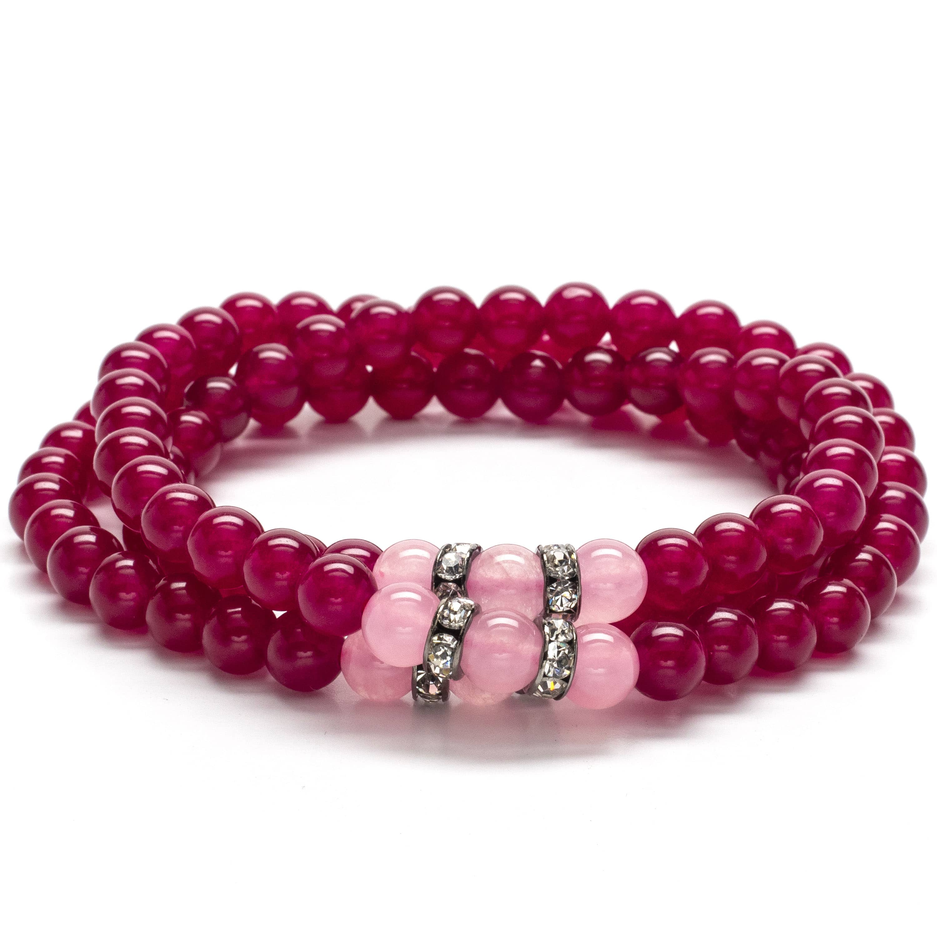 Kalifano Gemstone Bracelets Fuchsia Agate 6mm Beads with Pink Agate and Crystal Accent Beads Triple Wrap Elastic Gemstone Bracelet WHITE-BGI3-024