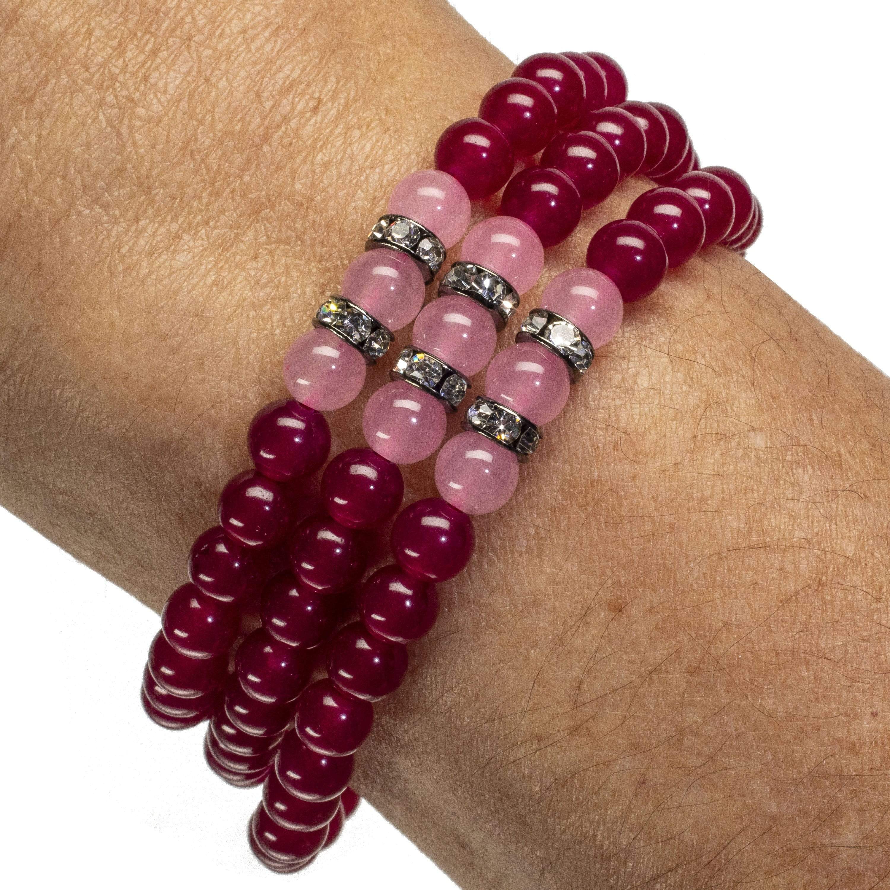 Kalifano Gemstone Bracelets Fuchsia Agate 6mm Beads with Pink Agate and Crystal Accent Beads Triple Wrap Elastic Gemstone Bracelet WHITE-BGI3-024