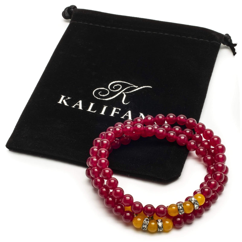 Kalifano Gemstone Bracelets Fuchsia Agate 6mm Beads with Yellow Agate and Crystal Accent Beads Triple Wrap Elastic Gemstone Bracelet WHITE-BGI3-032