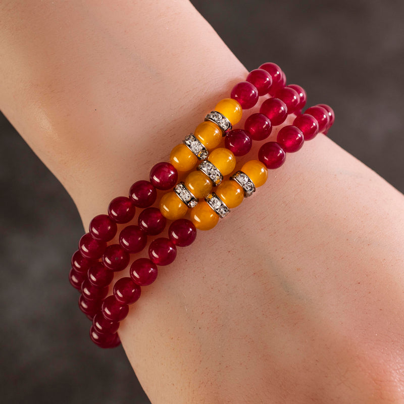 Kalifano Gemstone Bracelets Fuchsia Agate 6mm Beads with Yellow Agate and Crystal Accent Beads Triple Wrap Elastic Gemstone Bracelet WHITE-BGI3-032