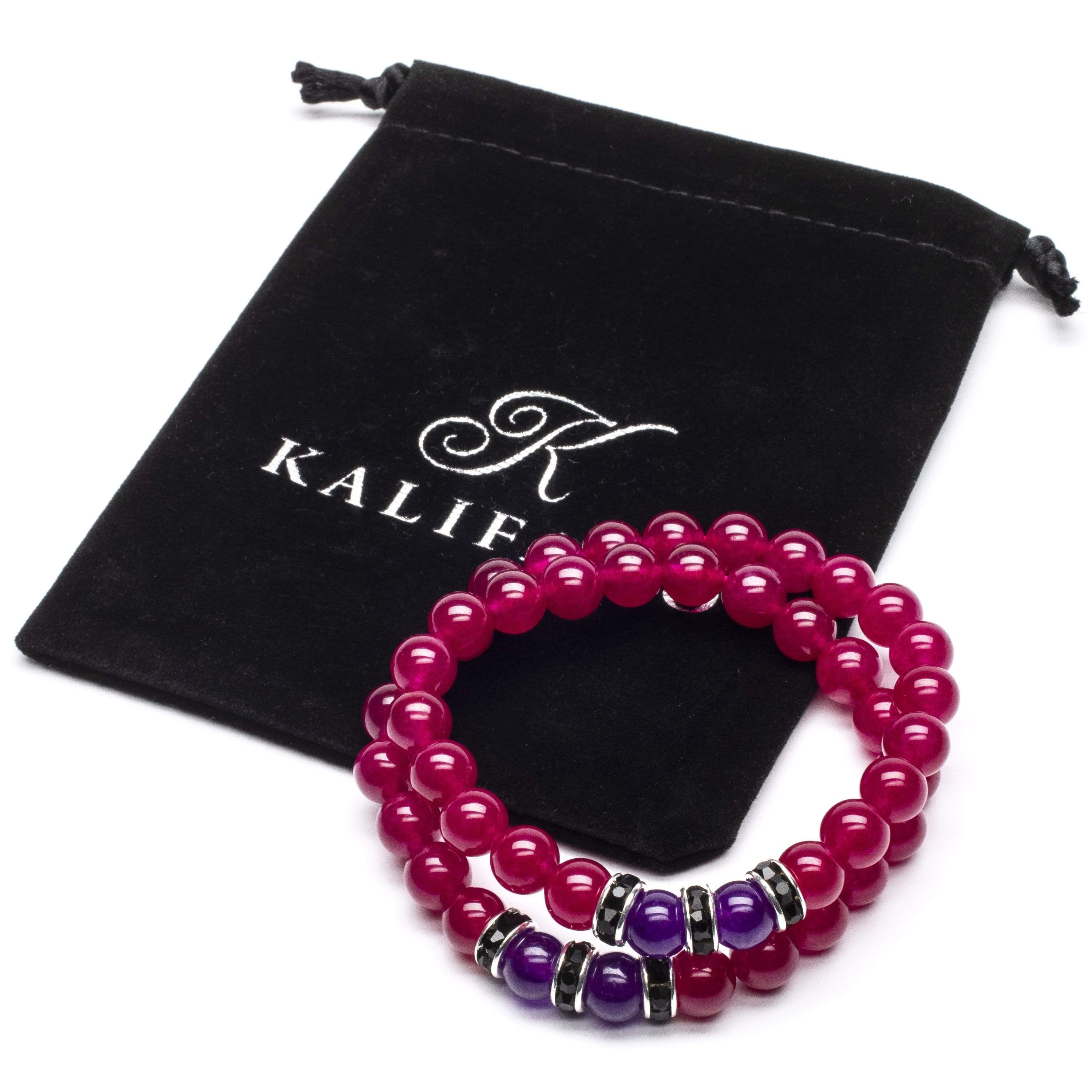 Kalifano Gemstone Bracelets Fuchsia Agate 8mm Beads with Amethyst and Black and Silver Accent Beads Double Wrap Elastic Gemstone Bracelet WHITE-BGI2-036