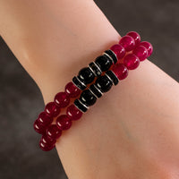 Fuchsia Agate 8mm Beads with Black Agate and Black and Silver Accent Beads Double Wrap Elastic Gemstone Bracelet Main Image