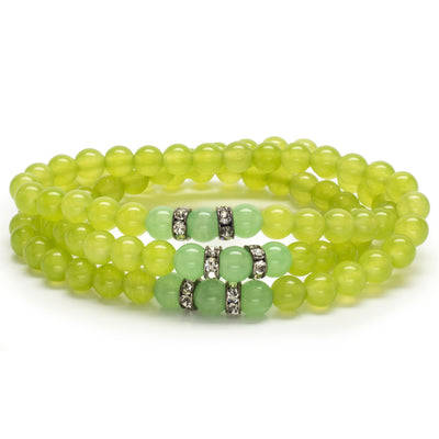 Kalifano Gemstone Bracelets Green Agate 6mm Beads with Aventurine and Crystal Accent Beads Triple Wrap Elastic Gemstone Bracelet WHITE-BGI3-052