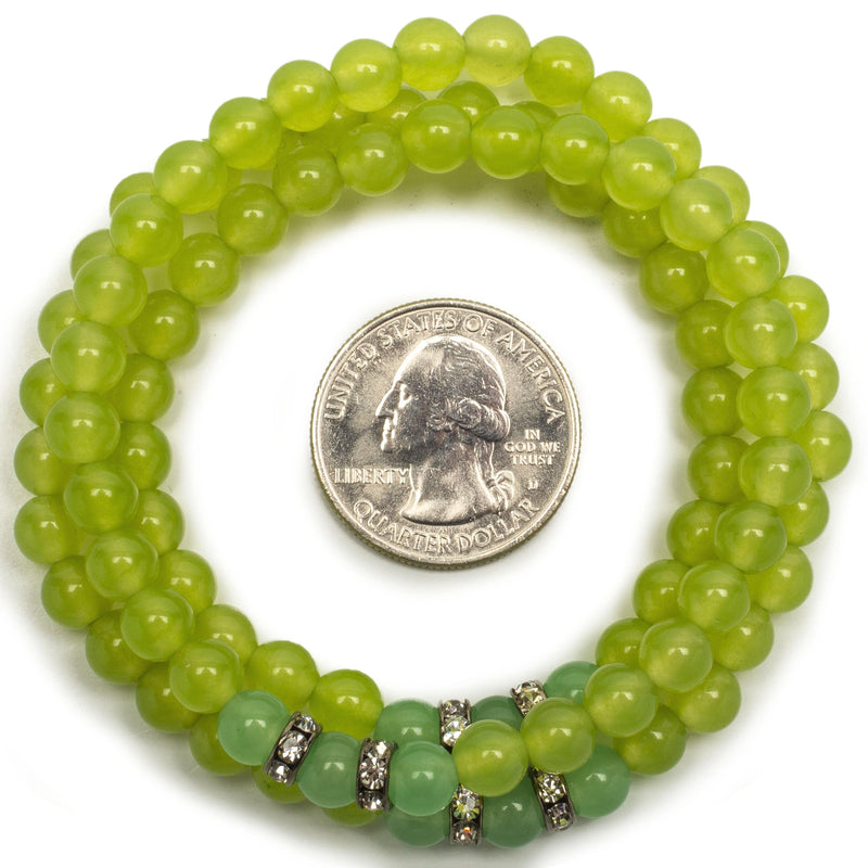 Kalifano Gemstone Bracelets Green Agate 6mm Beads with Aventurine and Crystal Accent Beads Triple Wrap Elastic Gemstone Bracelet WHITE-BGI3-052