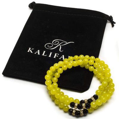 Kalifano Gemstone Bracelets Green Agate 6mm Beads with Black Agate and Gold Color Crystal Accent Beads Triple Wrap Elastic Gemstone Bracelet WHITE-BGI3-057
