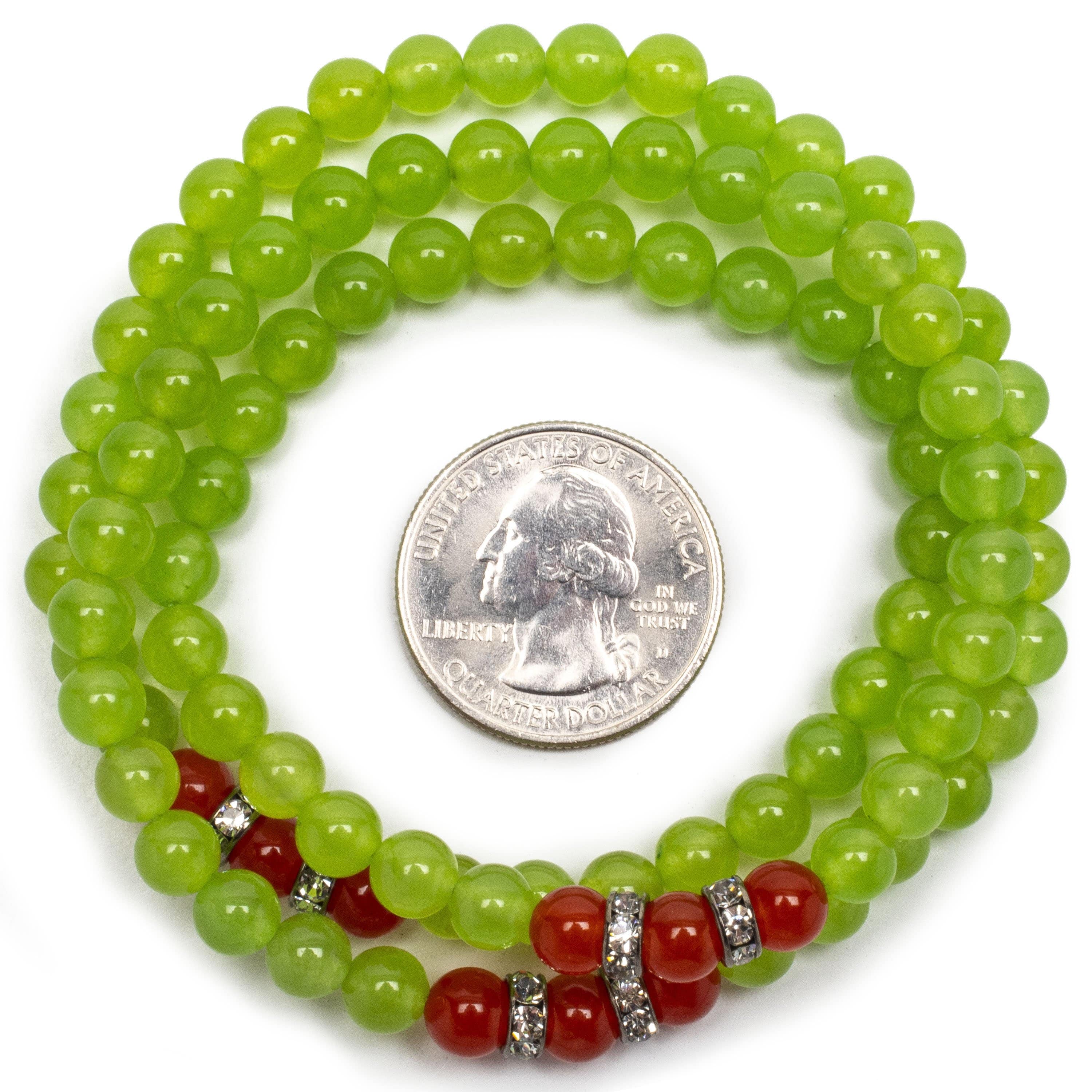 Kalifano Gemstone Bracelets Green Agate 6mm Beads with Carnelian and Crystal Accent Beads Triple Wrap Elastic Gemstone Bracelet WHITE-BGI3-046