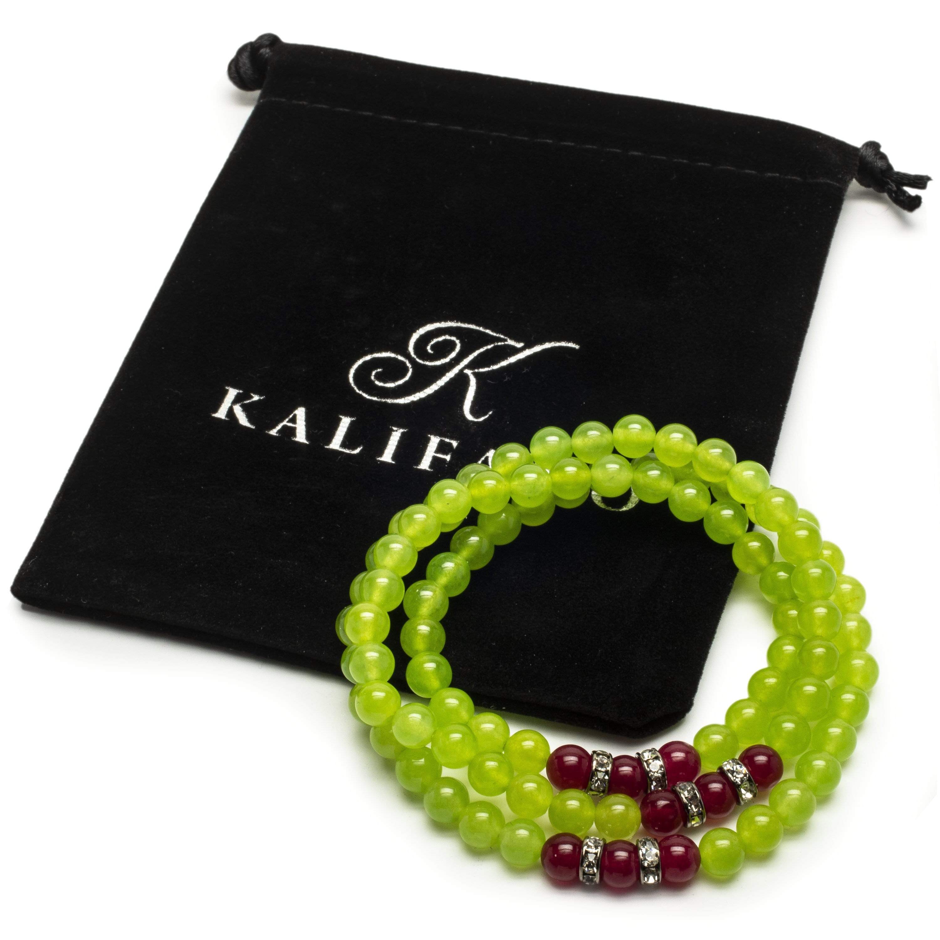 Kalifano Gemstone Bracelets Green Agate 6mm Beads with Fuchsia Agate and Crystal Accent Beads Triple Wrap Elastic Gemstone Bracelet WHITE-BGI3-048