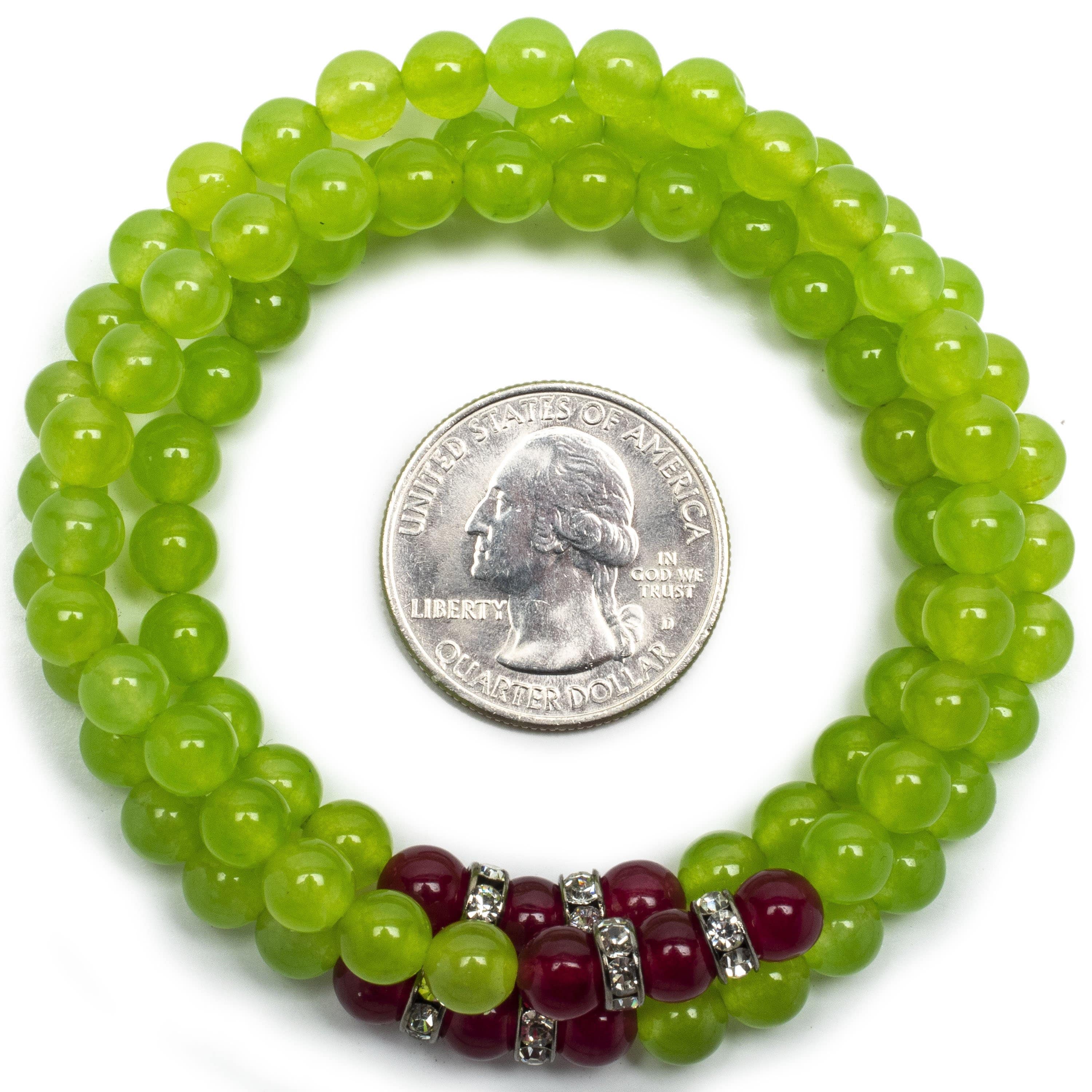 Kalifano Gemstone Bracelets Green Agate 6mm Beads with Fuchsia Agate and Crystal Accent Beads Triple Wrap Elastic Gemstone Bracelet WHITE-BGI3-048