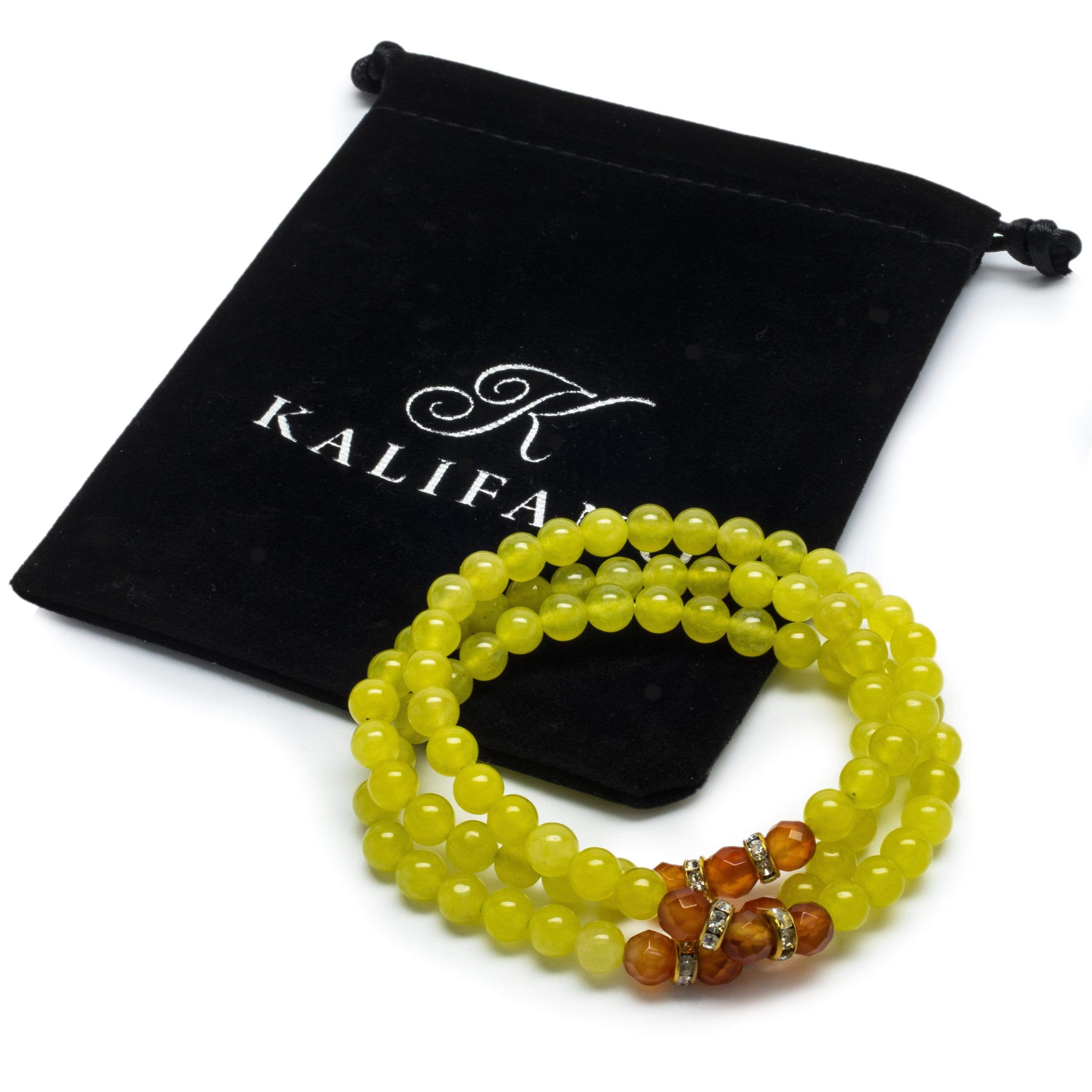 Kalifano Gemstone Bracelets Green Agate 6mm Beads with Orange Agate and Gold Color Crystal Accent Beads Triple Wrap Elastic Gemstone Bracelet WHITE-BGI3-056