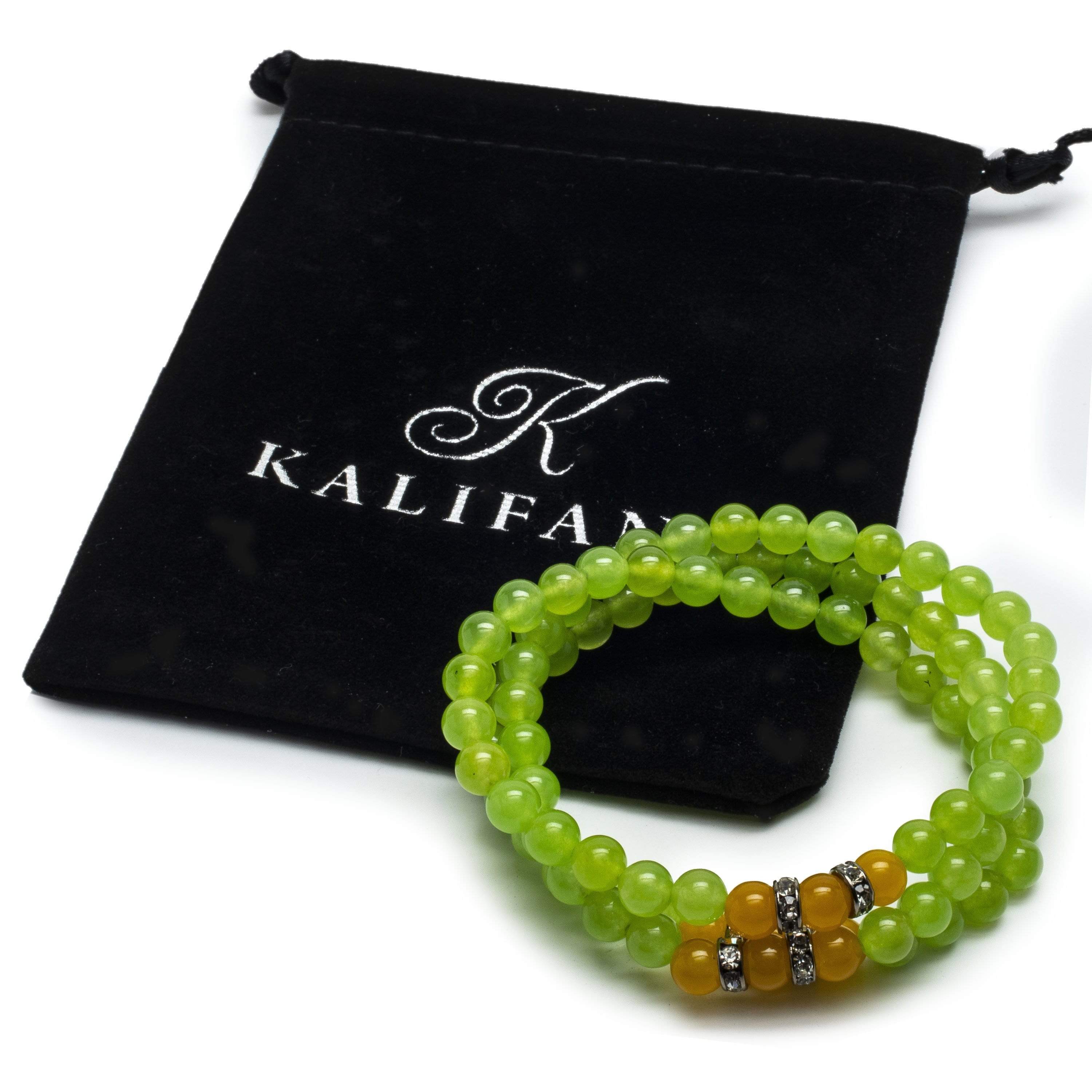 Kalifano Gemstone Bracelets Green Agate 6mm Beads with Yellow Agate and Crystal Accent Beads Triple Wrap Elastic Gemstone Bracelet WHITE-BGI3-045