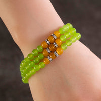 Green Agate 6mm Beads with Yellow Agate and Crystal Accent Beads Triple Wrap Elastic Gemstone Bracelet Main Image