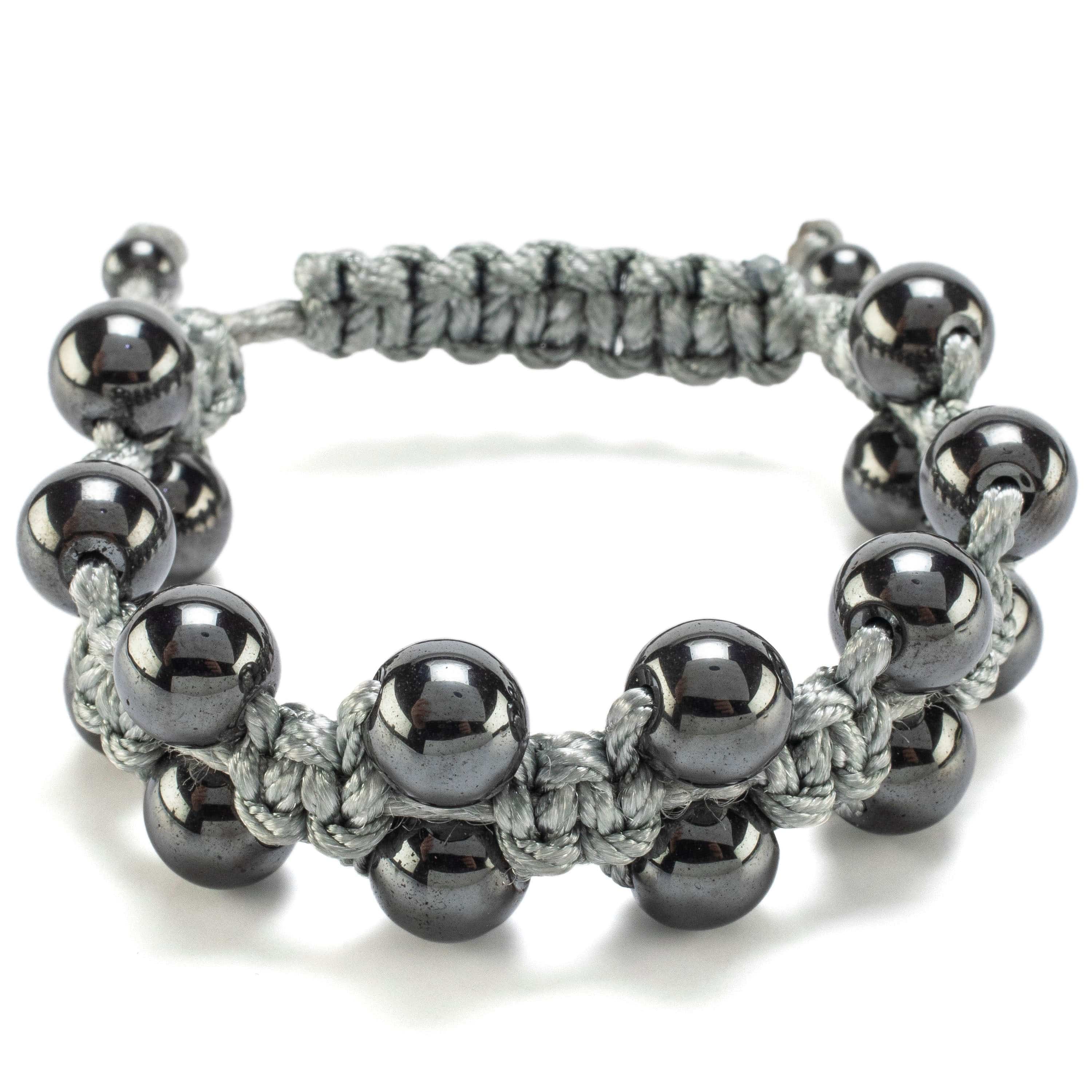 Kalifano Gemstone Bracelets Hematite 10mm Beads Double Layer Grey Rope Adjustable Bracelet BLUE-BGP-045
