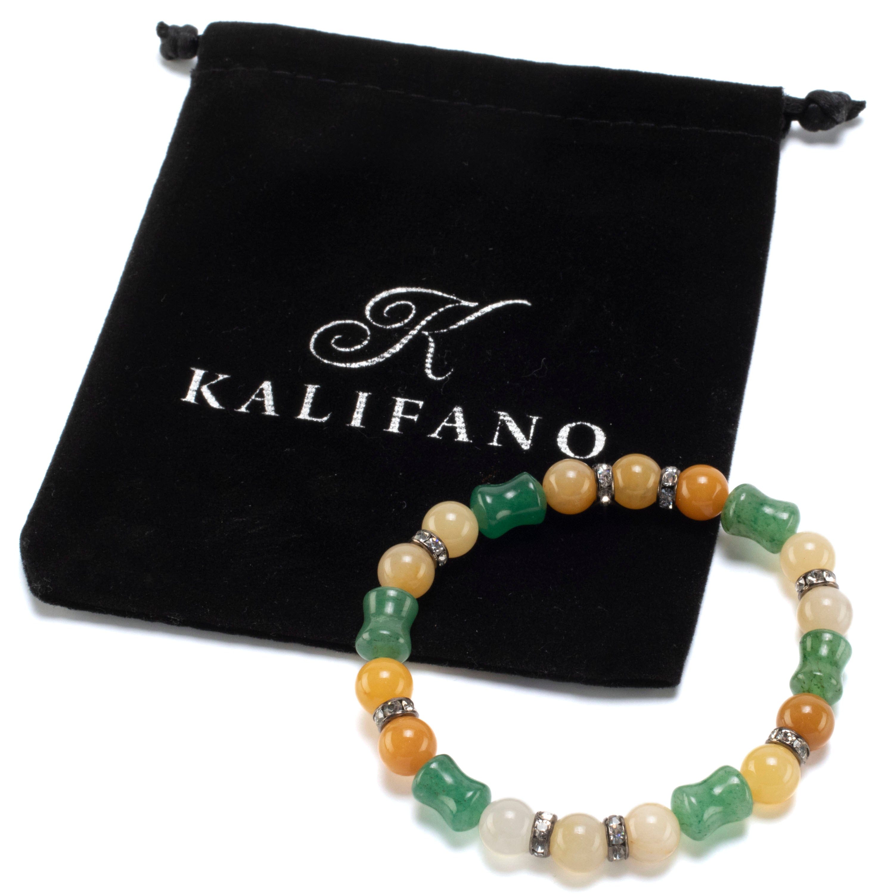 Kalifano Gemstone Bracelets Hourglass Aventurine Bead and Round Butter Jade with Crystal Accent Beads Gemstone Elastic Bracelet BLUE-BGP-016