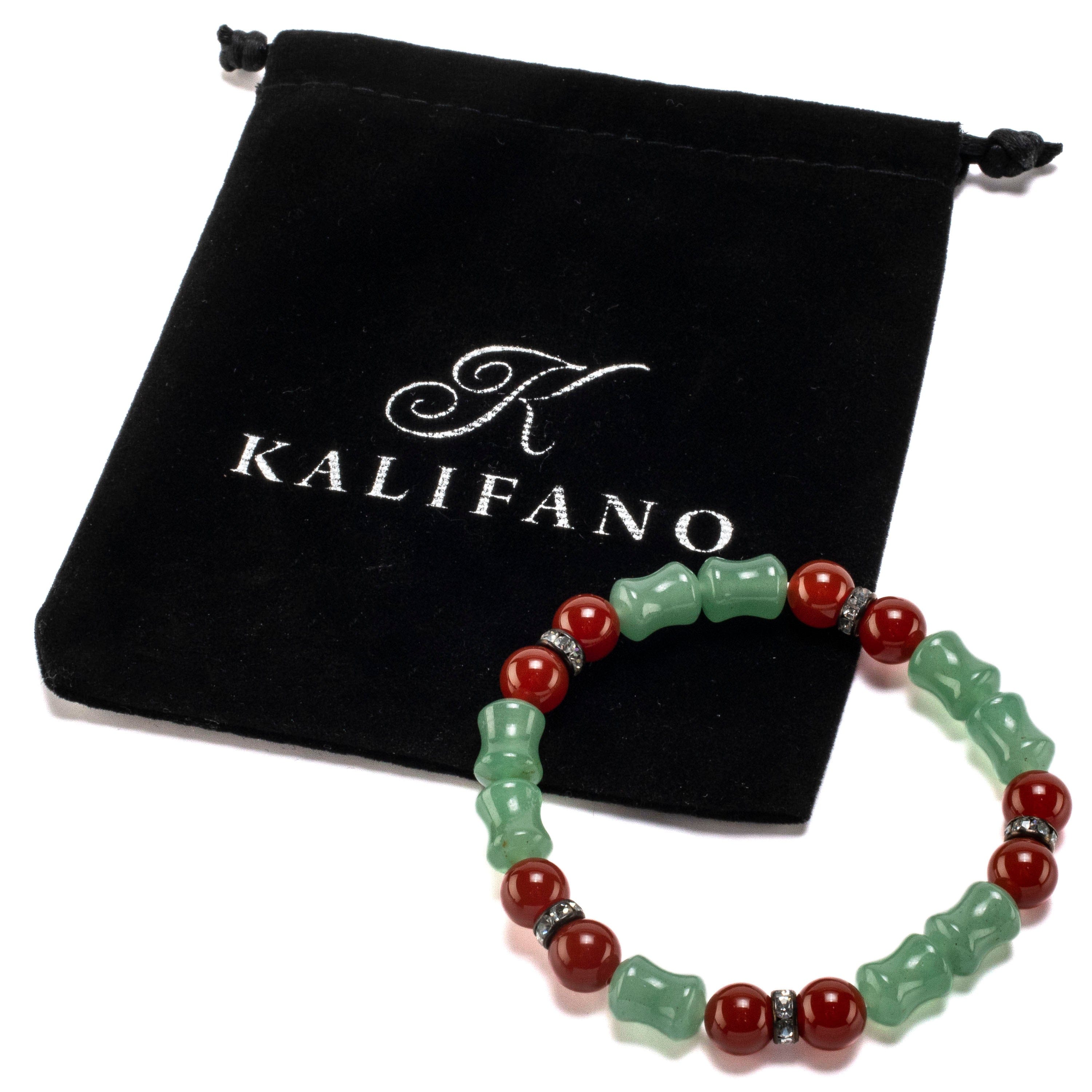 Kalifano Gemstone Bracelets Hourglass Aventurine Bead and Round Carnelian with Crystal Accent Beads Gemstone Elastic Bracelet BLUE-BGP-010