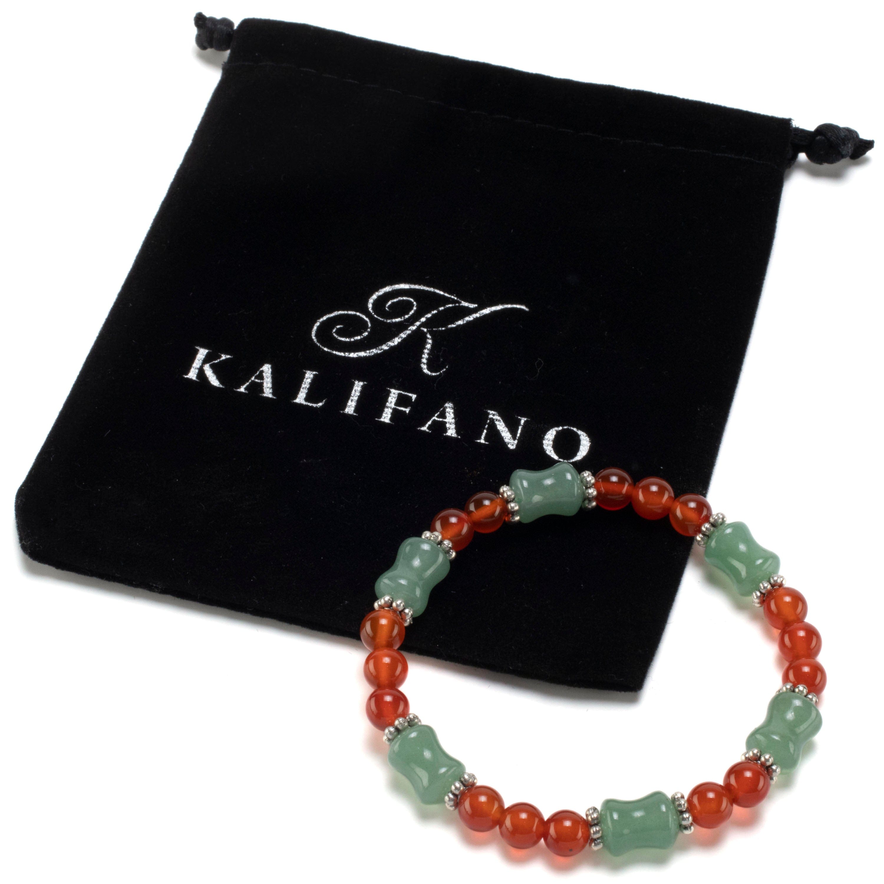 Kalifano Gemstone Bracelets Hourglass Aventurine Bead and Round Carnelian with Crystal Accent Beads Gemstone Elastic Bracelet BLUE-BGP-011