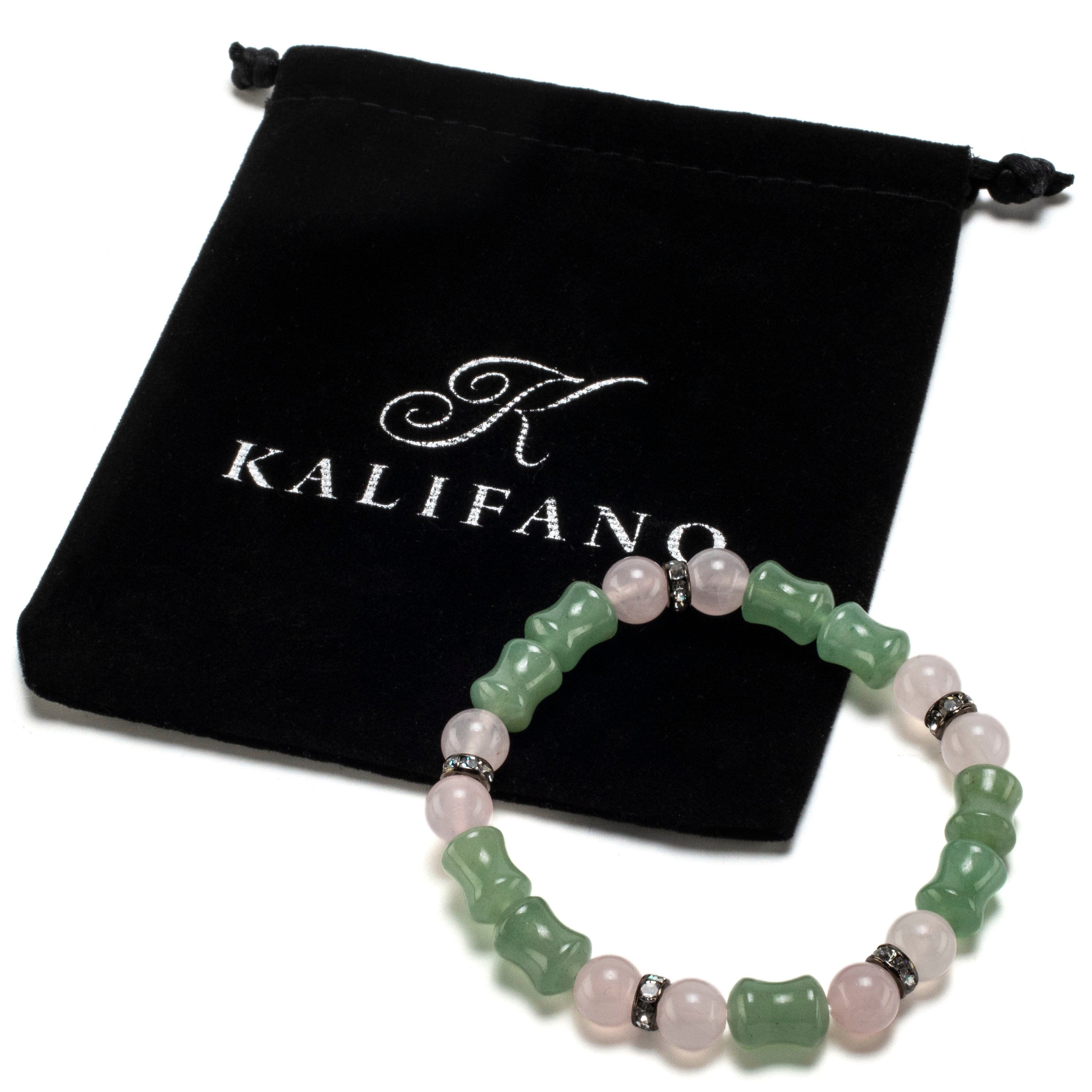 Kalifano Gemstone Bracelets Hourglass Aventurine Bead and Round Rose Quartz with Crystal Accent Beads Gemstone Elastic Bracelet BLUE-BGP-030