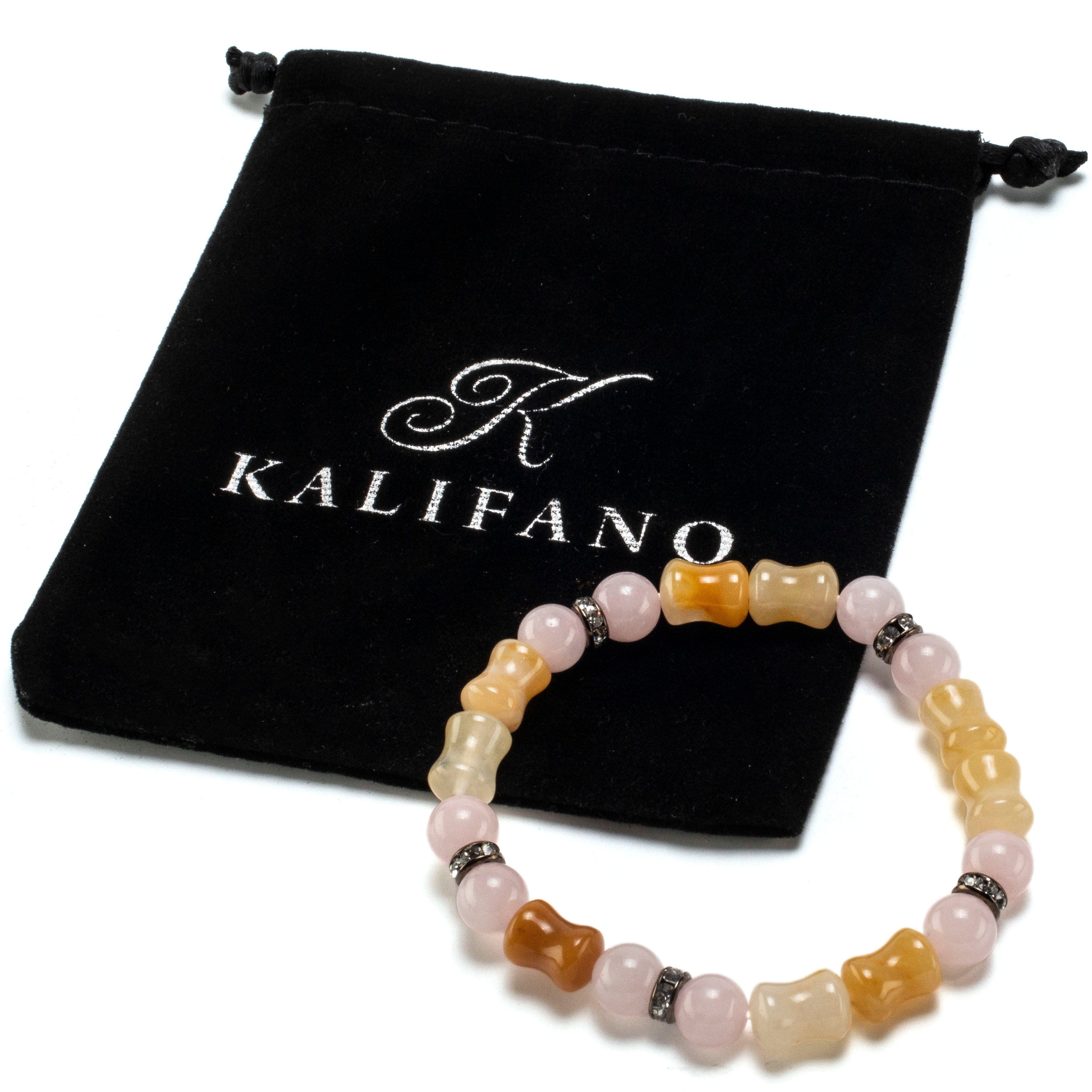 Kalifano Gemstone Bracelets Hourglass Butter Jade Bead and Round Rose Quartz with Crystal Accent Beads Gemstone Elastic Bracelet BLUE-BGP-028