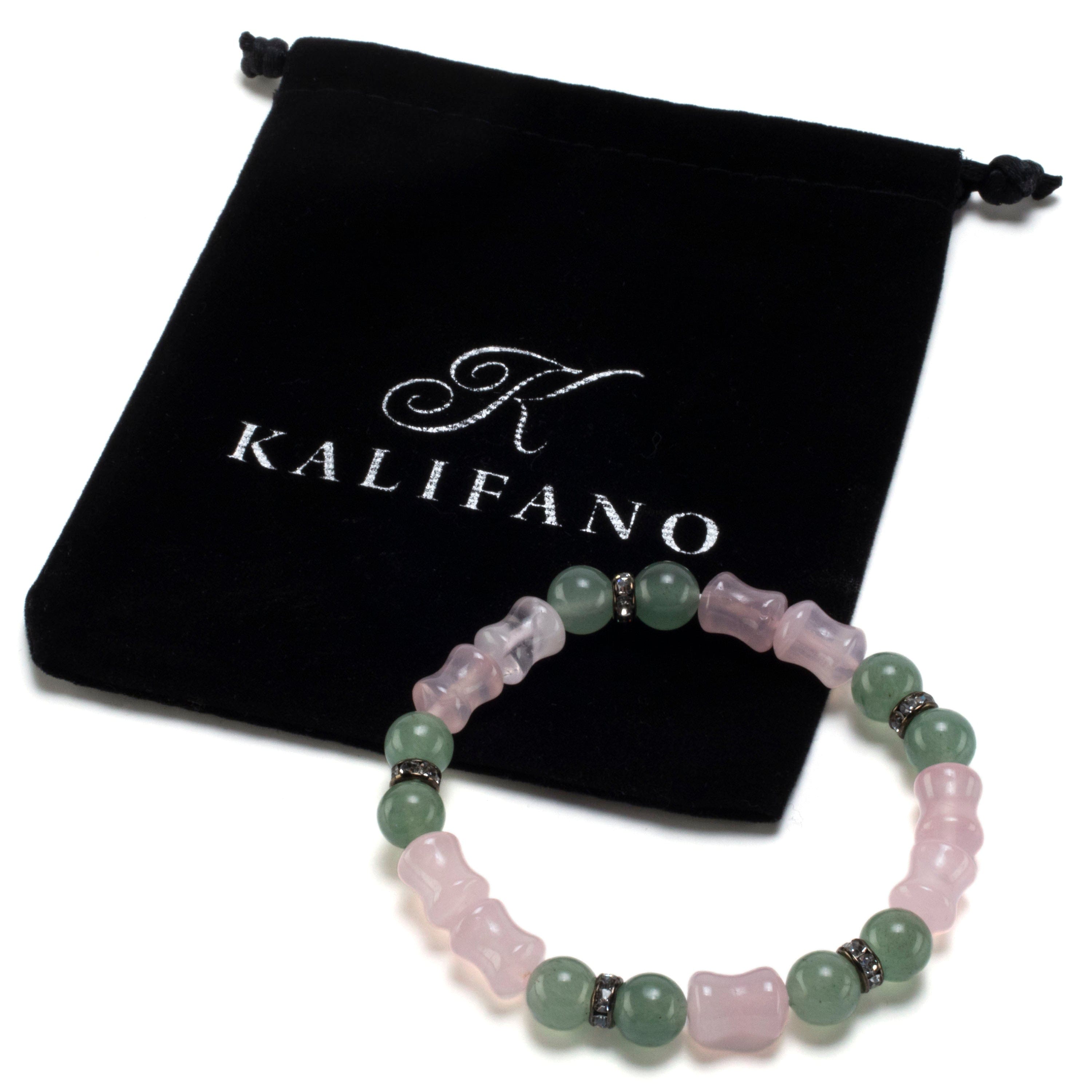 Kalifano Gemstone Bracelets Hourglass Rose Quartz and Round Aventurine with Crystal Accent Beads Gemstone Elastic Bracelet BLUE-BGP-032