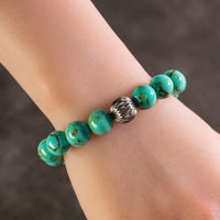 Howlite Turquoise 12mm Gemstone Bead Elastic Bracelet with Silver Accent Bead Main Image