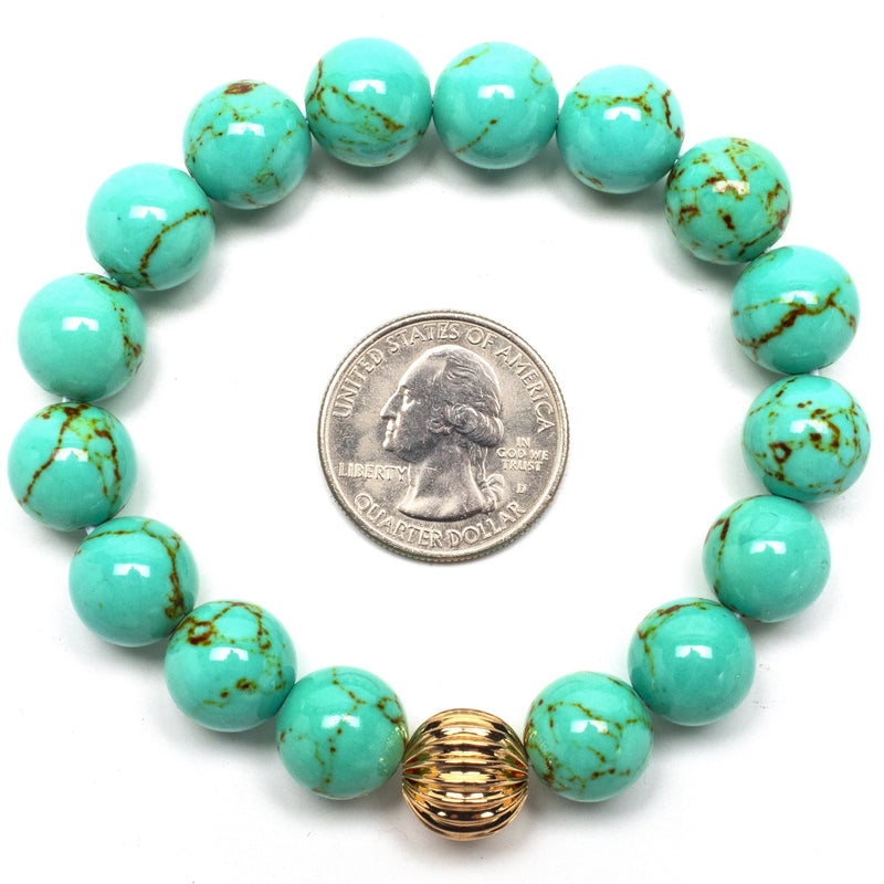 Kalifano Gemstone Bracelets Howlite Turquoise 12mm Gemstone Bead Elastic Braceletwith Gold Accent Bead RED-BGP-053