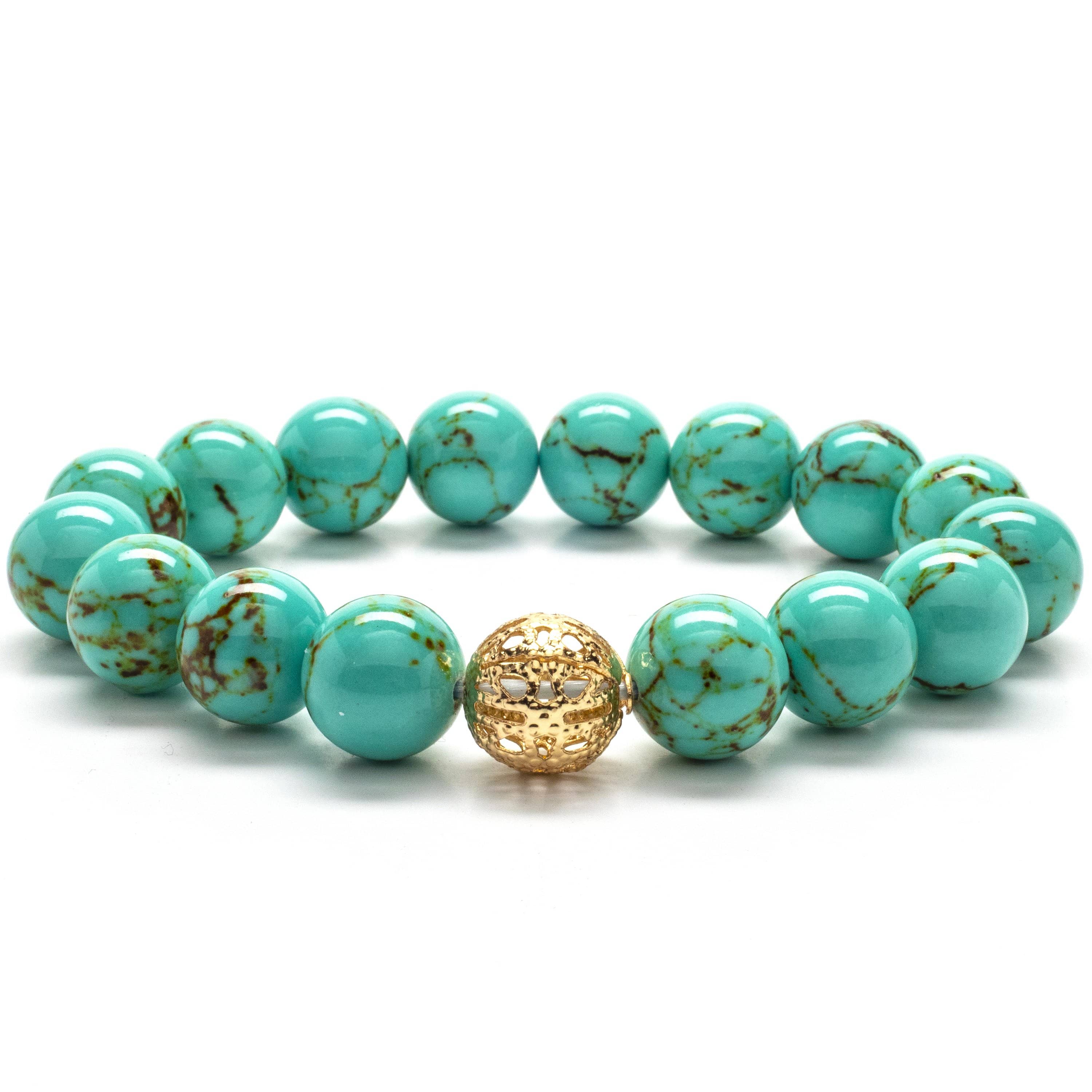 Kalifano Gemstone Bracelets Howlite Turquoise 12mm Gemstone Bead Elastic Braceletwith Gold Accent Bead RED-BGP-054