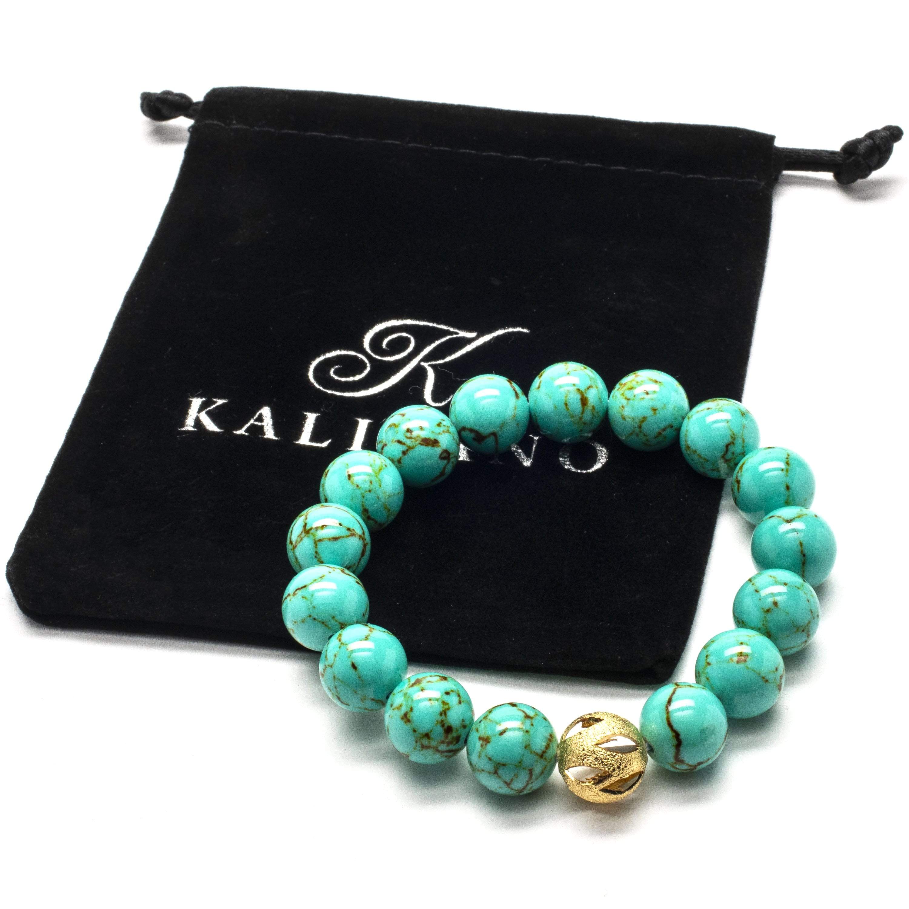 Kalifano Gemstone Bracelets Howlite Turquoise 12mm Gemstone Bead Elastic Braceletwith Gold Accent Bead RED-BGP-055