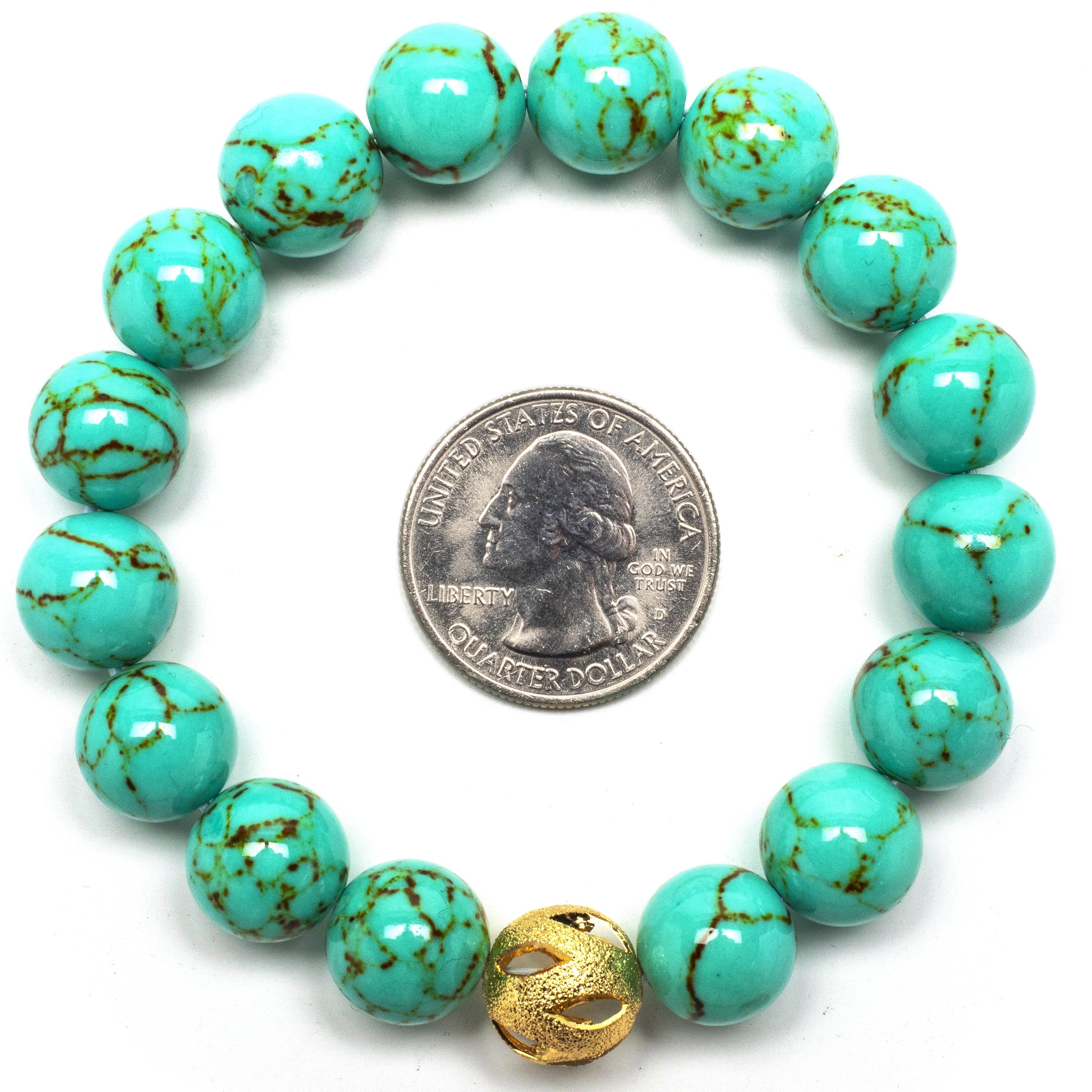 Kalifano Gemstone Bracelets Howlite Turquoise 12mm Gemstone Bead Elastic Braceletwith Gold Accent Bead RED-BGP-055