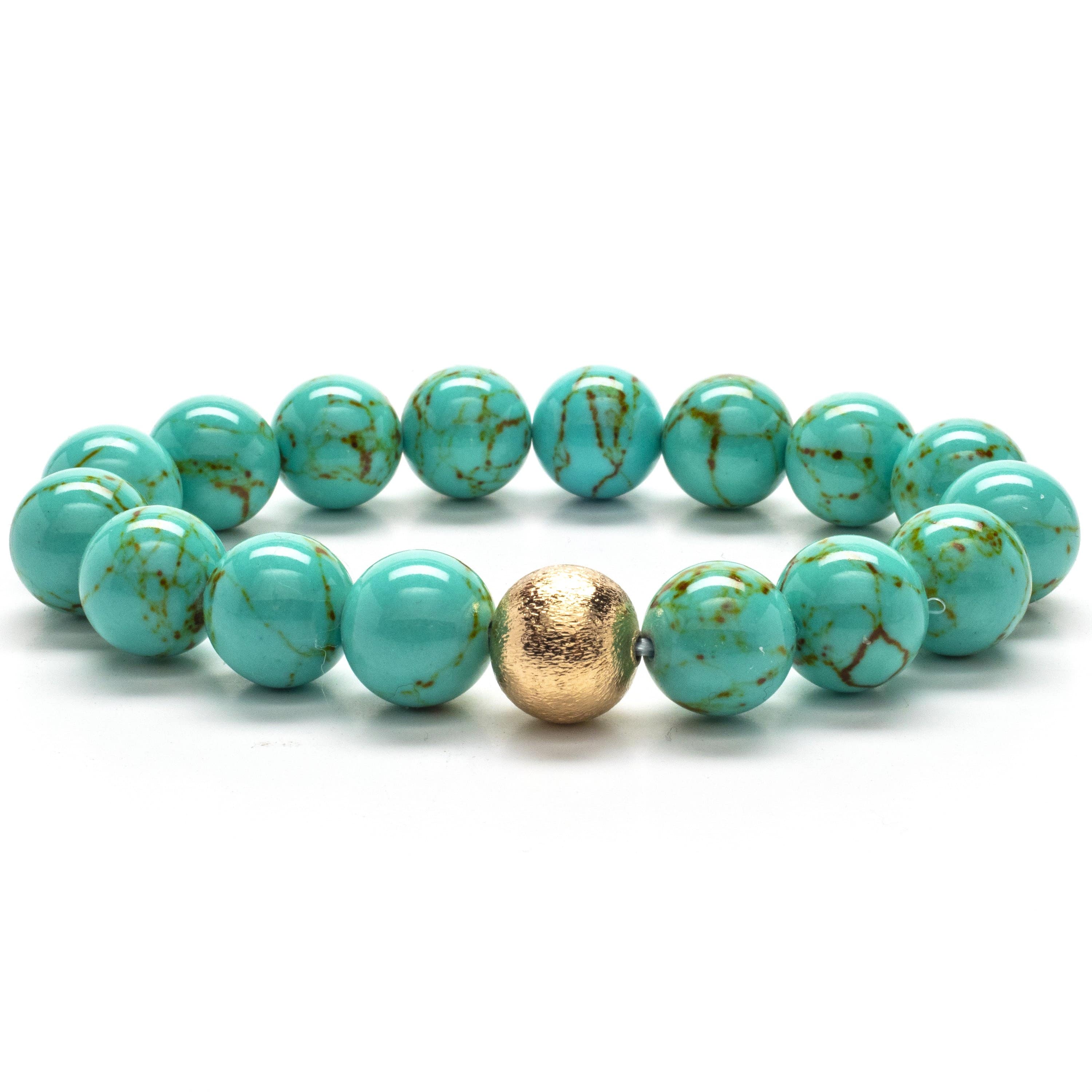 Kalifano Gemstone Bracelets Howlite Turquoise 12mm Gemstone Bead Elastic Braceletwith Gold Accent Bead RED-BGP-056