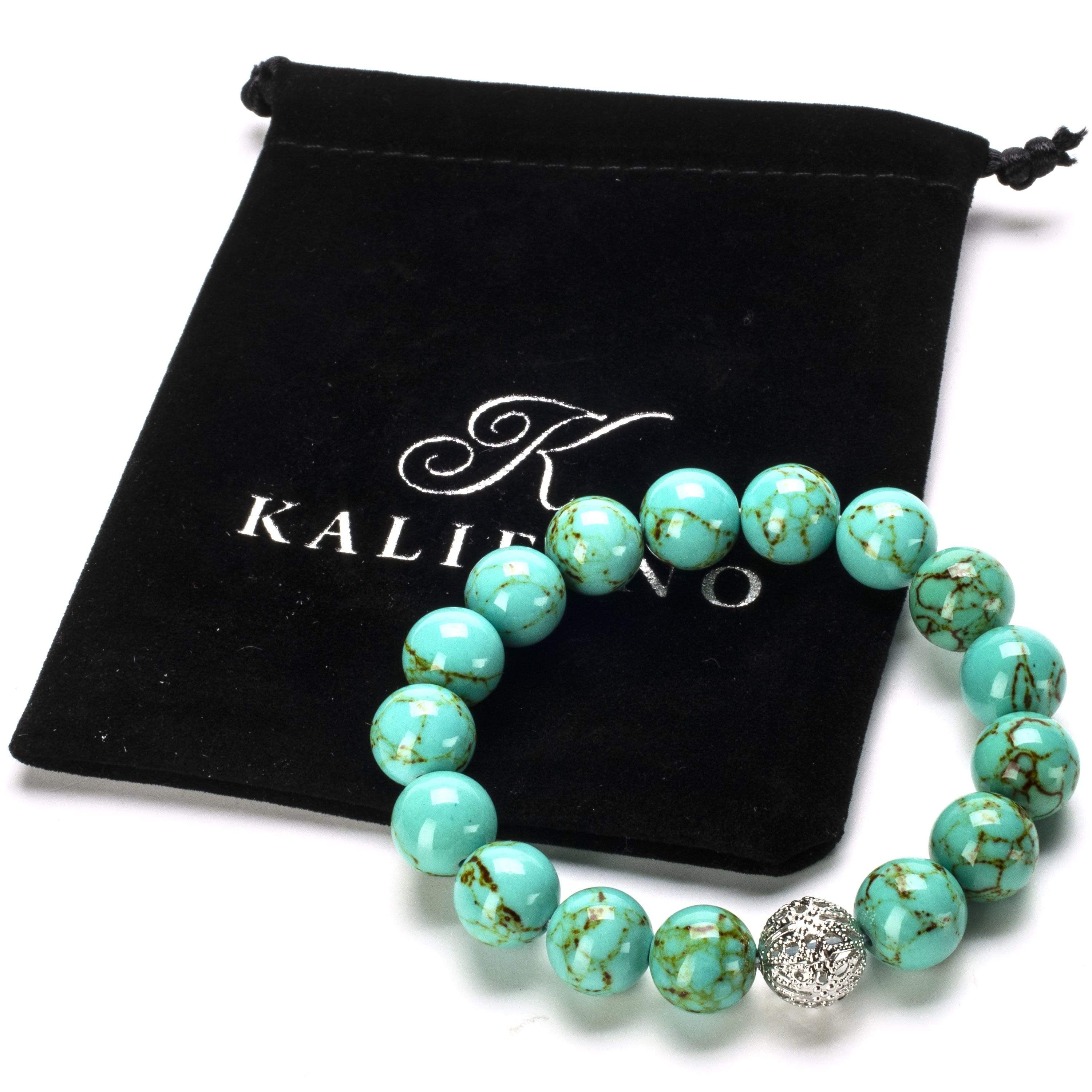 Kalifano Gemstone Bracelets Howlite Turquoise 12mm Gemstone Bead Elastic Braceletwith Silver Accent Bead RED-BGP-049