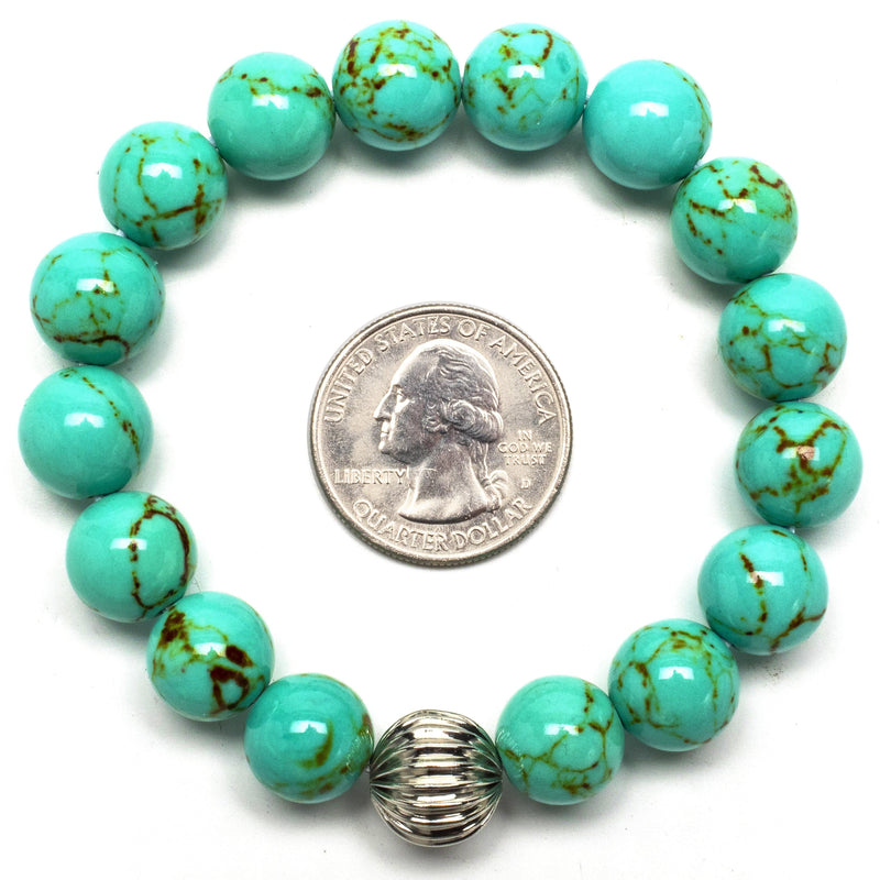 Kalifano Gemstone Bracelets Howlite Turquoise 12mm Gemstone Bead Elastic Braceletwith Silver Accent Bead RED-BGP-050