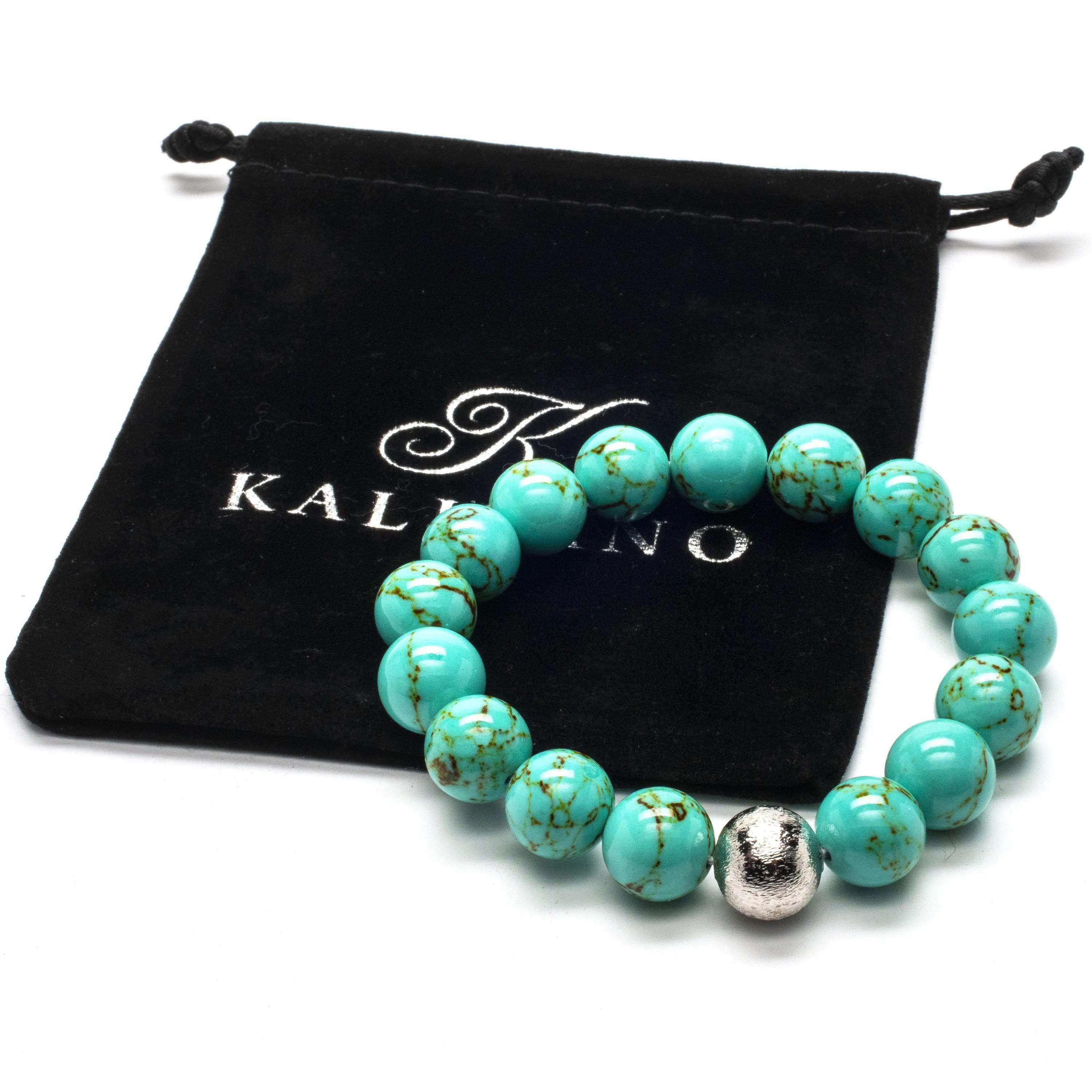 Kalifano Gemstone Bracelets Howlite Turquoise 12mm Gemstone Bead Elastic Braceletwith Silver Accent Bead RED-BGP-051