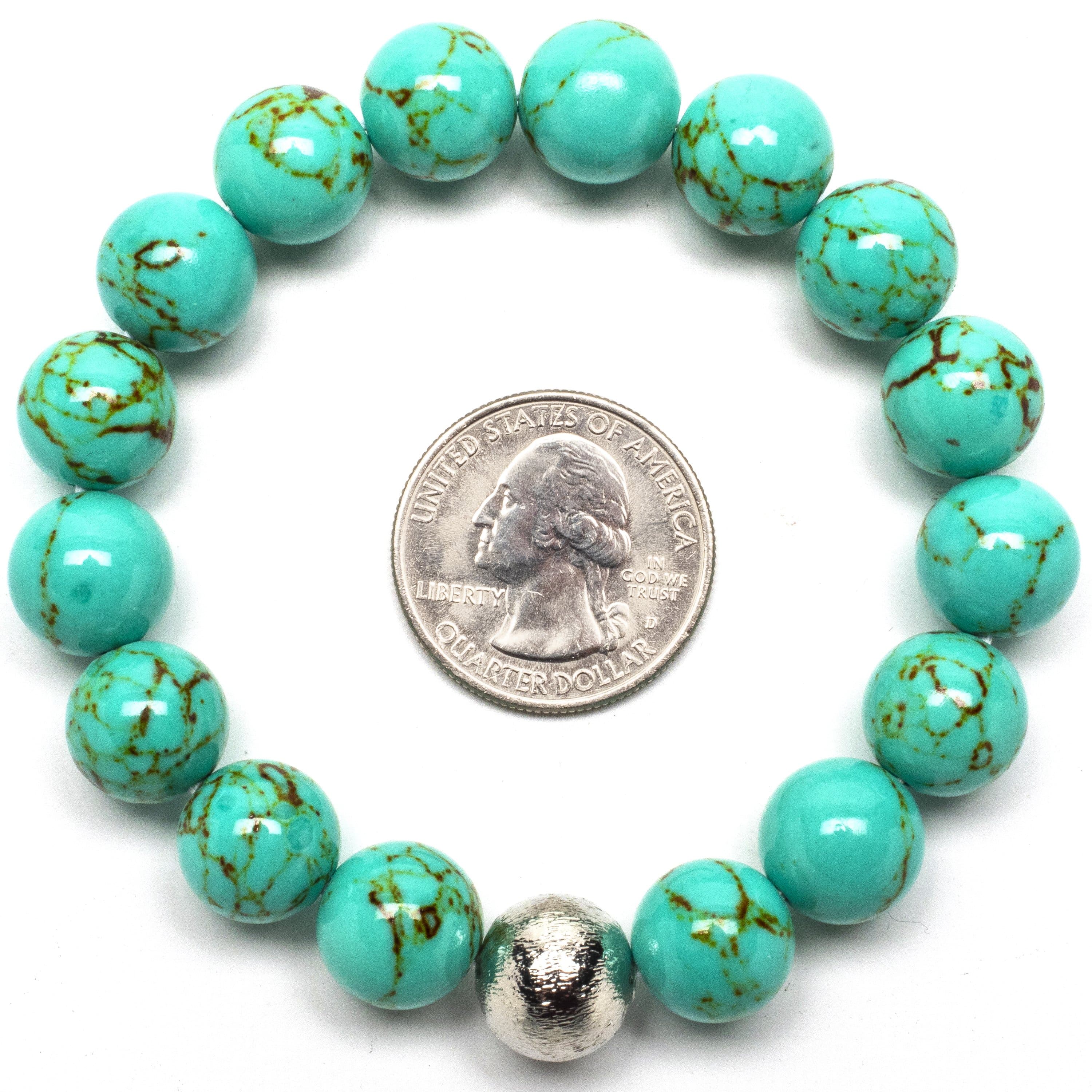 Kalifano Gemstone Bracelets Howlite Turquoise 12mm Gemstone Bead Elastic Braceletwith Silver Accent Bead RED-BGP-051