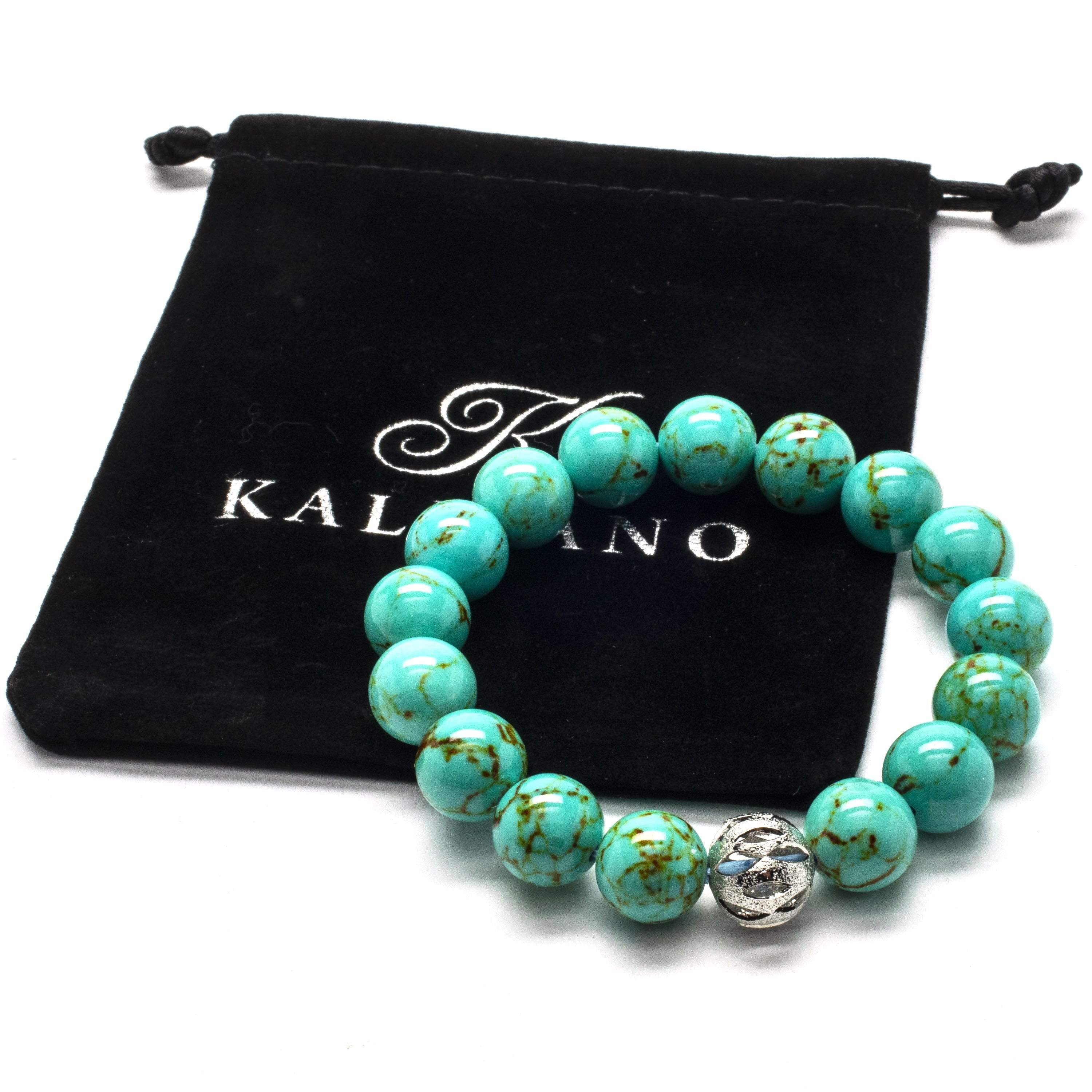 Kalifano Gemstone Bracelets Howlite Turquoise 12mm Gemstone Bead Elastic Braceletwith Silver Accent Bead RED-BGP-052