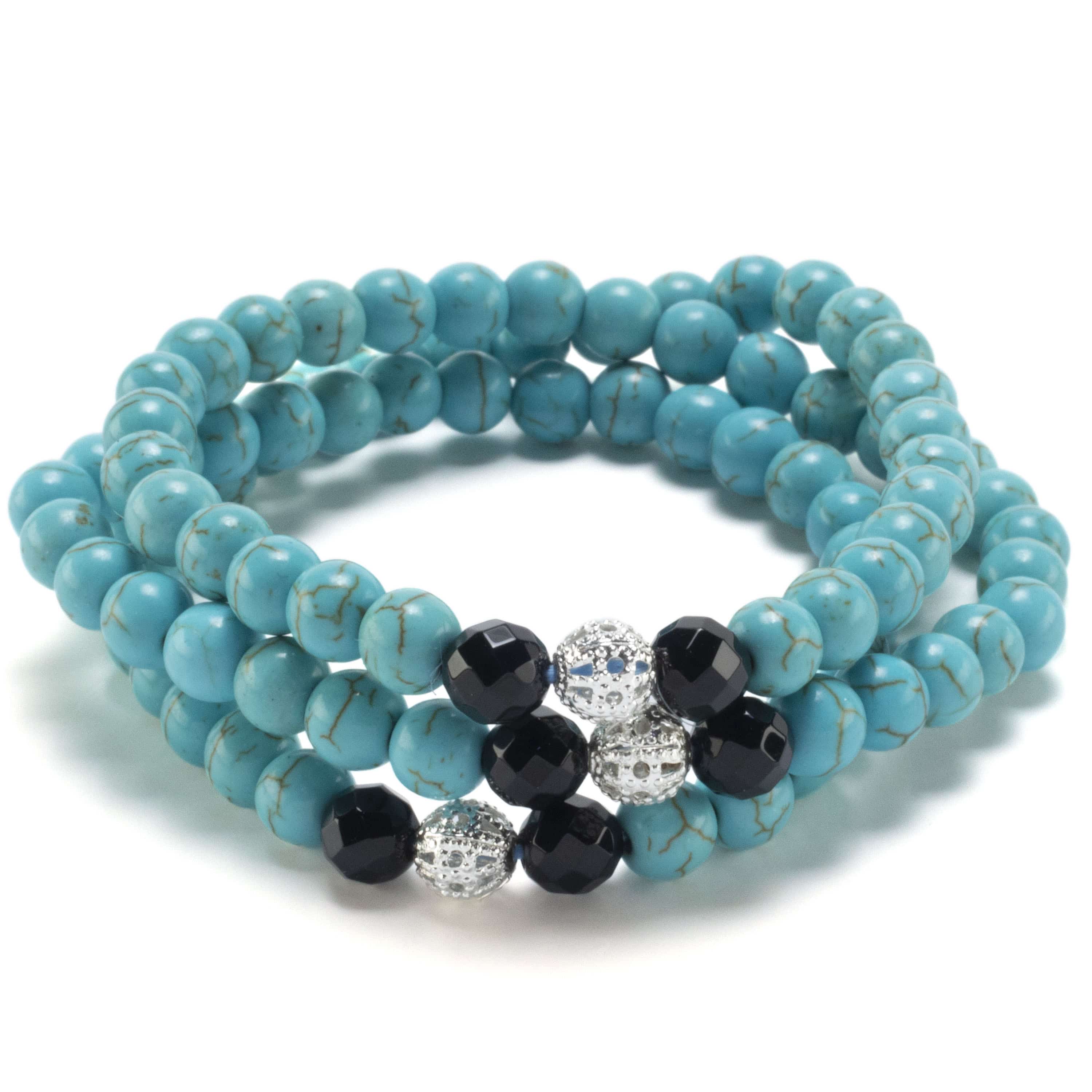Kalifano Gemstone Bracelets Howlite Turquoise 6mm Beads with Black Agate and Silver Accent Beads Triple Wrap Elastic Gemstone Bracelet WHITE-BGI3-067