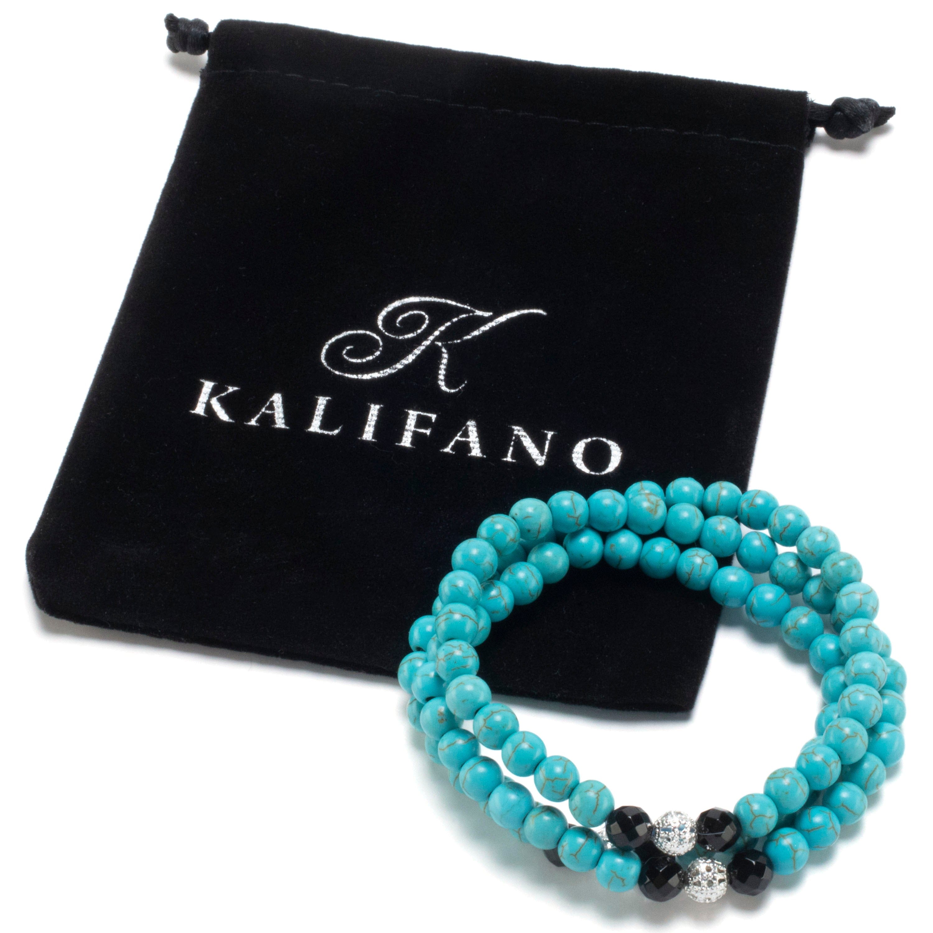 Kalifano Gemstone Bracelets Howlite Turquoise 6mm Beads with Black Agate and Silver Accent Beads Triple Wrap Elastic Gemstone Bracelet WHITE-BGI3-067