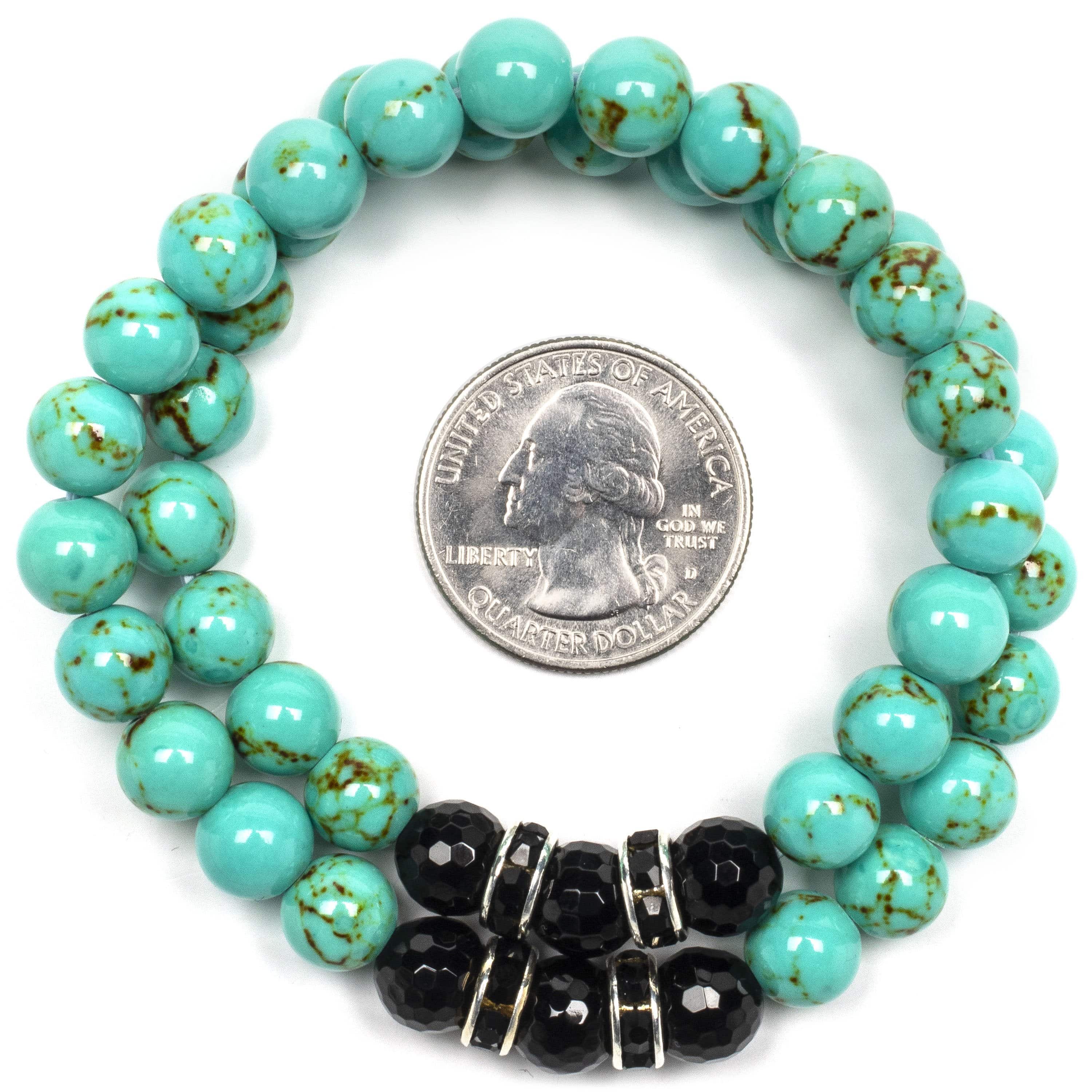 Kalifano Gemstone Bracelets Howlite Turquoise 8mm Beads with Black Agate and Black & Silver Accent Beads Double Wrap Elastic Gemstone Bracelet WHITE-BGI2-001