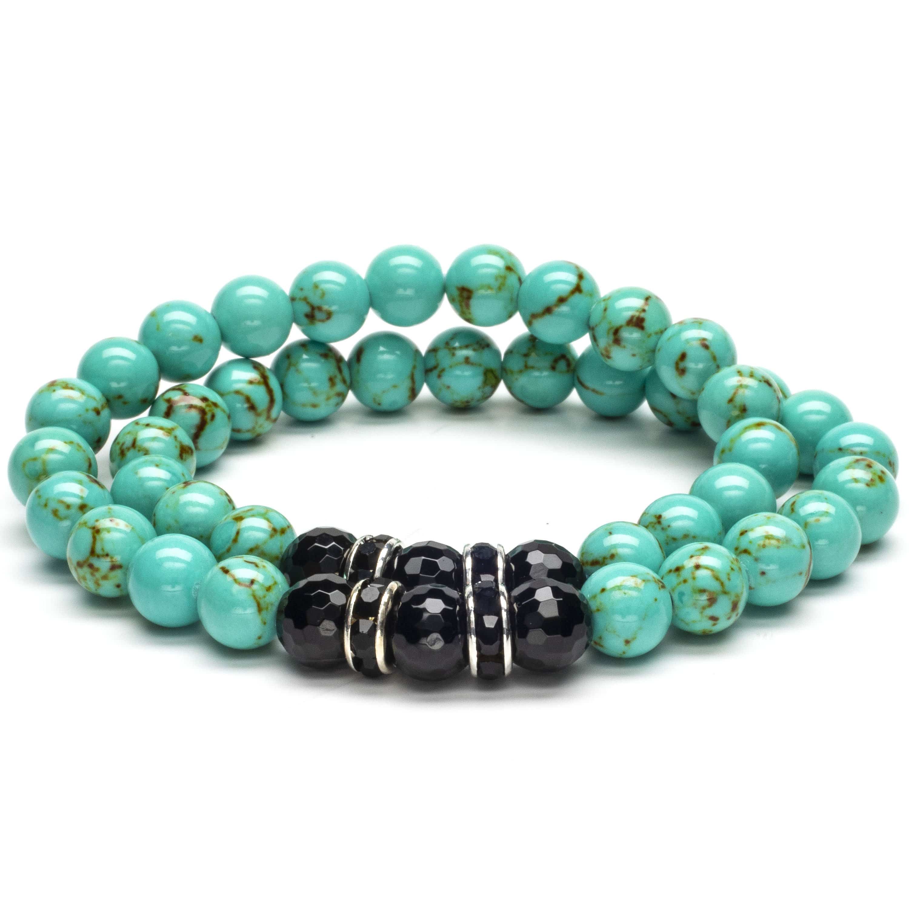 Kalifano Gemstone Bracelets Howlite Turquoise 8mm Beads with Black Agate and Black & Silver Accent Beads Double Wrap Elastic Gemstone Bracelet WHITE-BGI2-001
