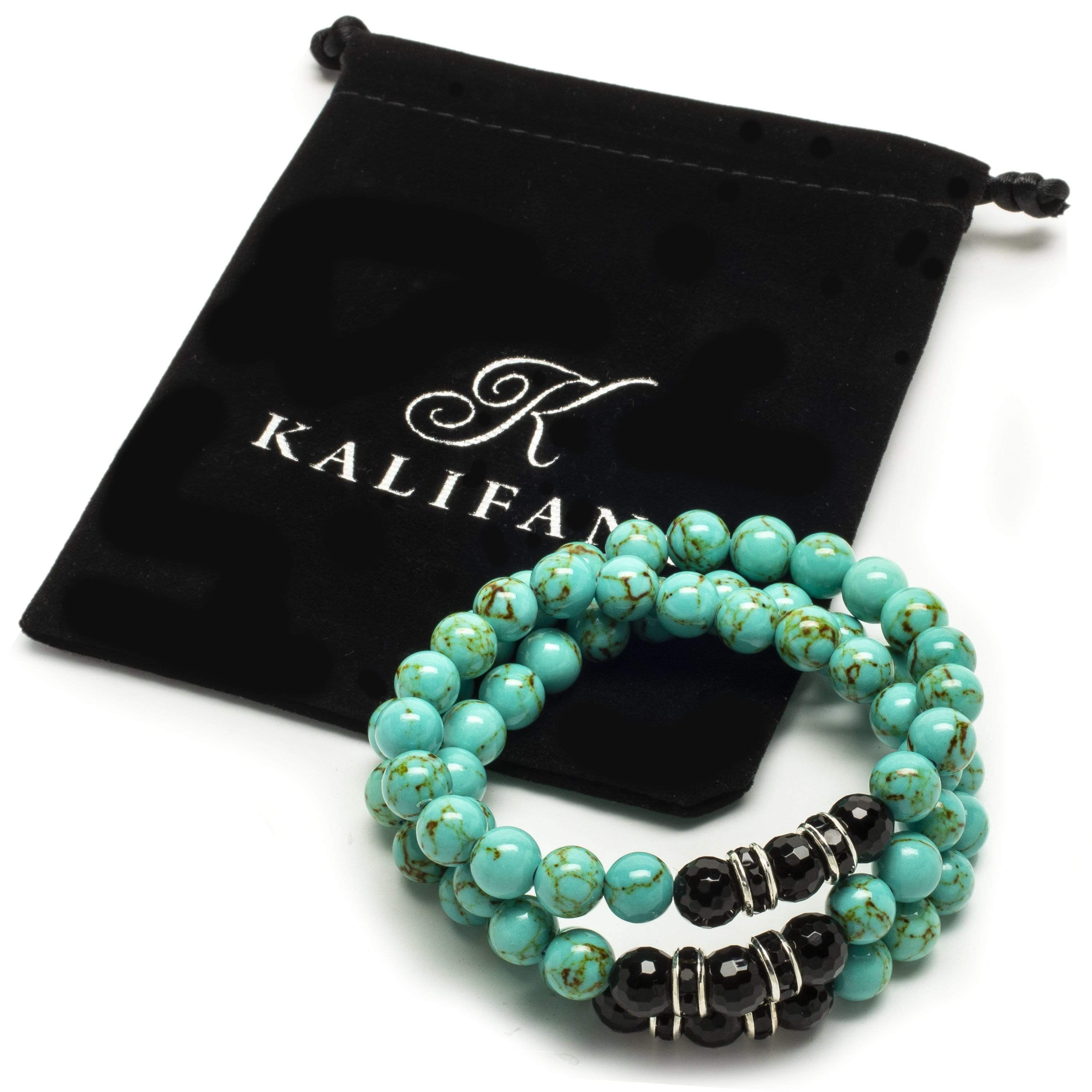 Kalifano Gemstone Bracelets Howlite Turquoise 8mm Beads with Black Agate and Black & Silver Accent Beads Triple Wrap Elastic Gemstone Bracelet WHITE-BGI3-066