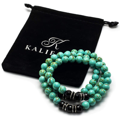 Kalifano Gemstone Bracelets Howlite Turquoise 8mm Beads with Black Agate and Crystal Accent Beads Triple Wrap Elastic Gemstone Bracelet WHITE-BGI3-014