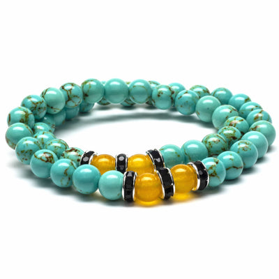 Kalifano Gemstone Bracelets Howlite Turquoise 8mm Beads with Yellow Agate and Black and Silver Accent Beads Double Wrap Elastic Gemstone Bracelet WHITE-BGI2-011