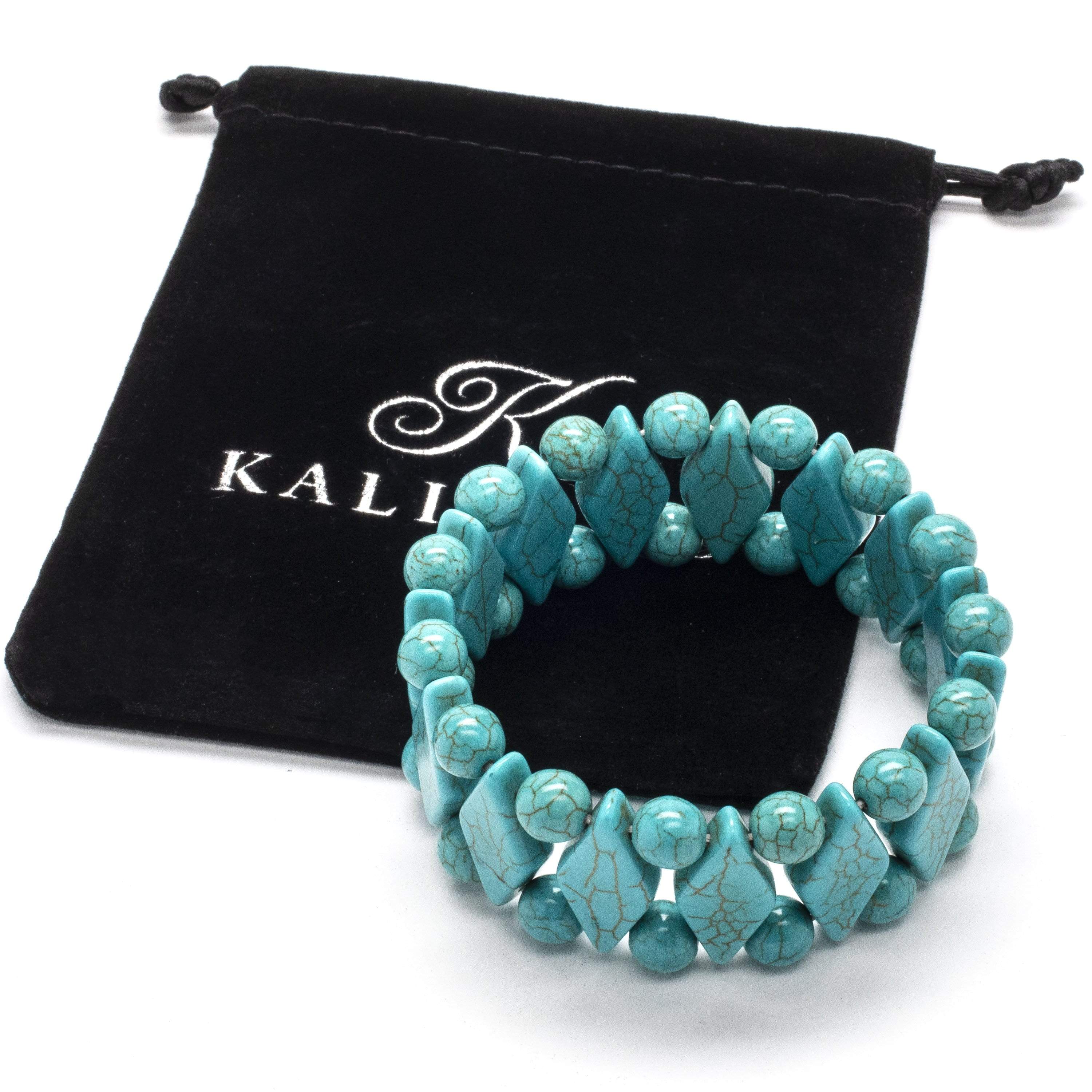 Kalifano Gemstone Bracelets Howlite Turquoise Diamond and Round Bead Shape Gemstone Elastic Bracelet WHITE-BGP-004