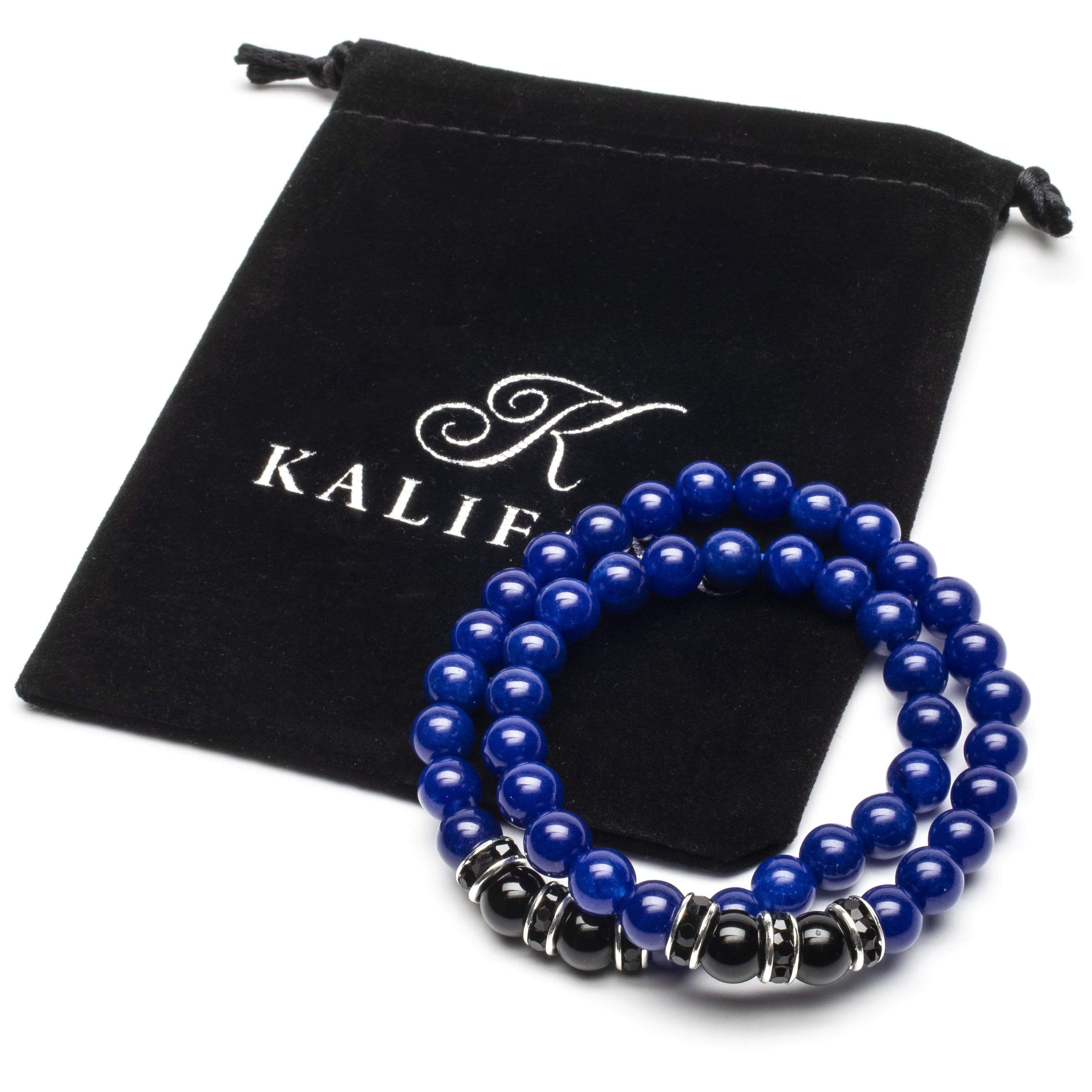 Kalifano Gemstone Bracelets Lapis 8mm Beads with Black Agate and Black & Silver Accent Beads Double Wrap Elastic Gemstone Bracelet WHITE-BGI2-013